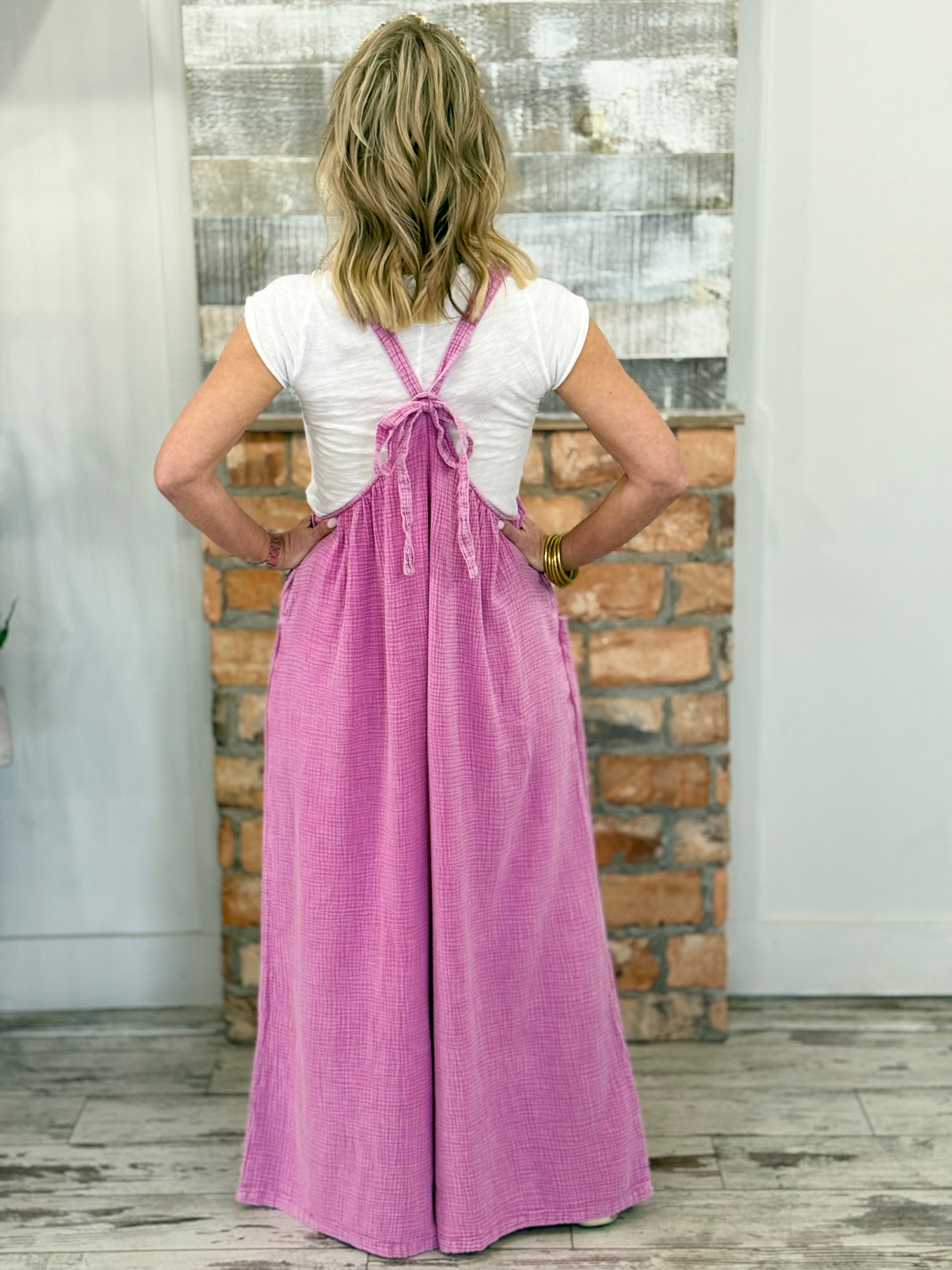 Washed Wide Leg Gauze Overalls | Pink