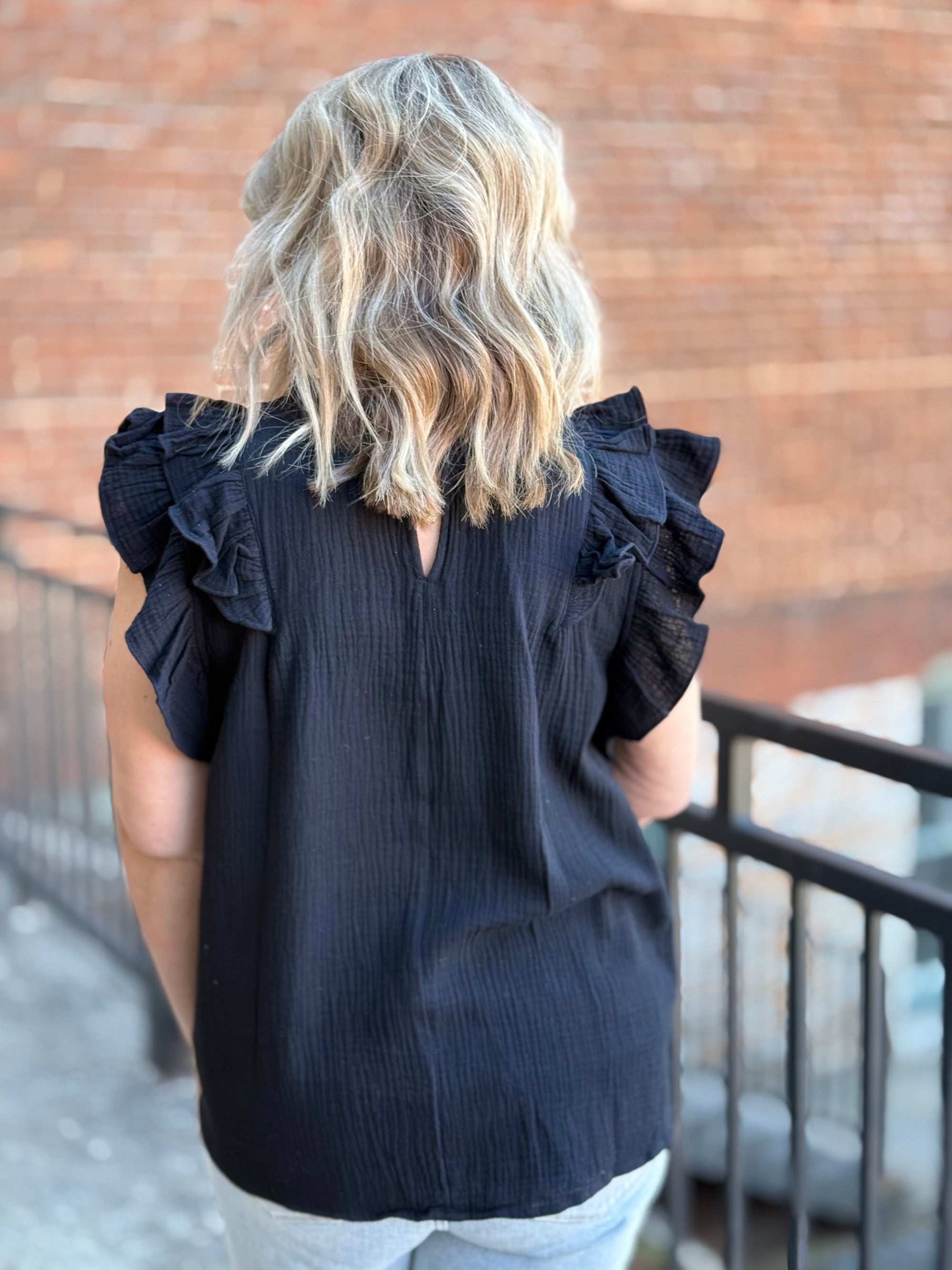 Double Ruffle Sleeve Gauze Top | Black