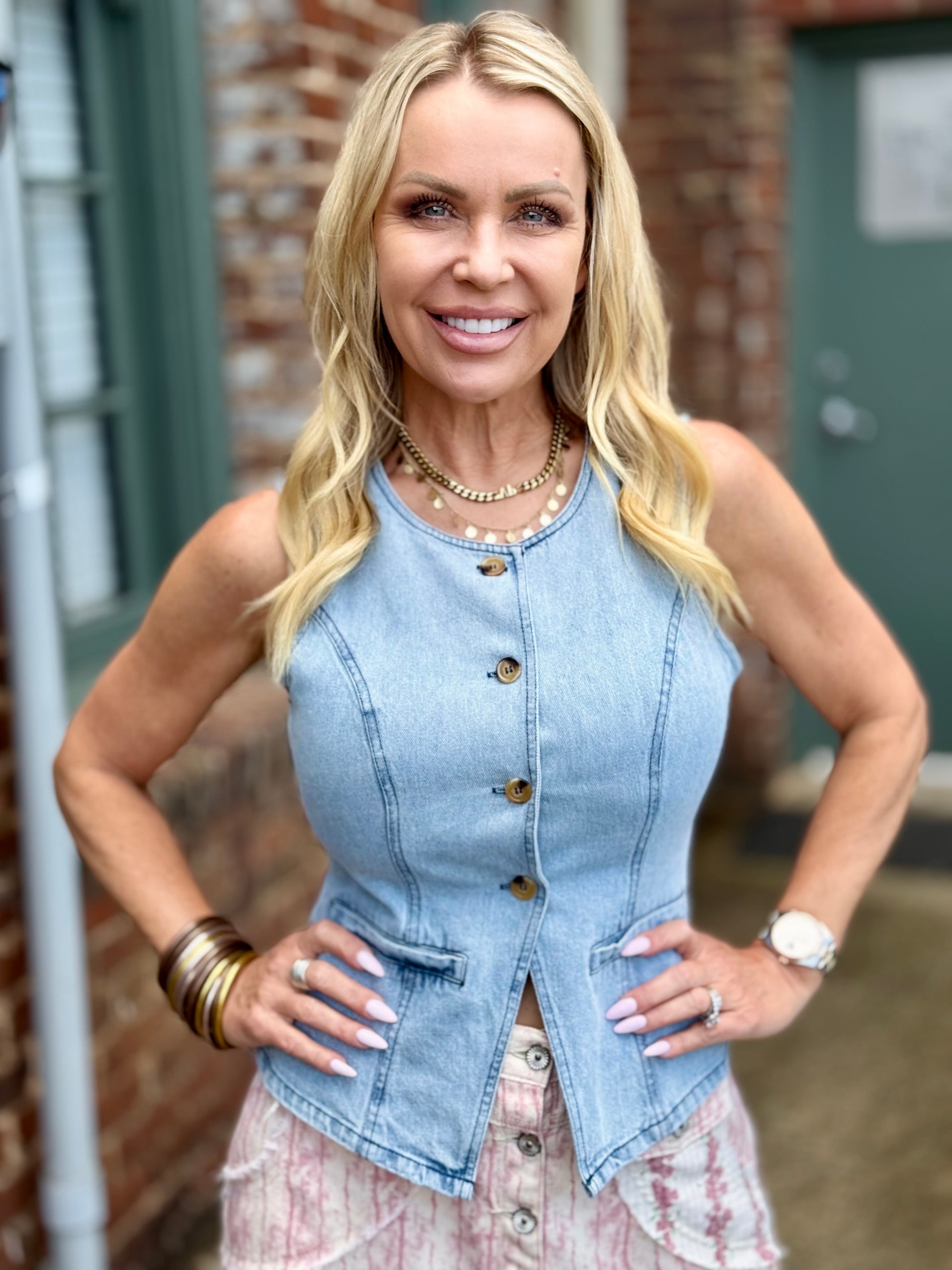 Button Up Denim Vest Top