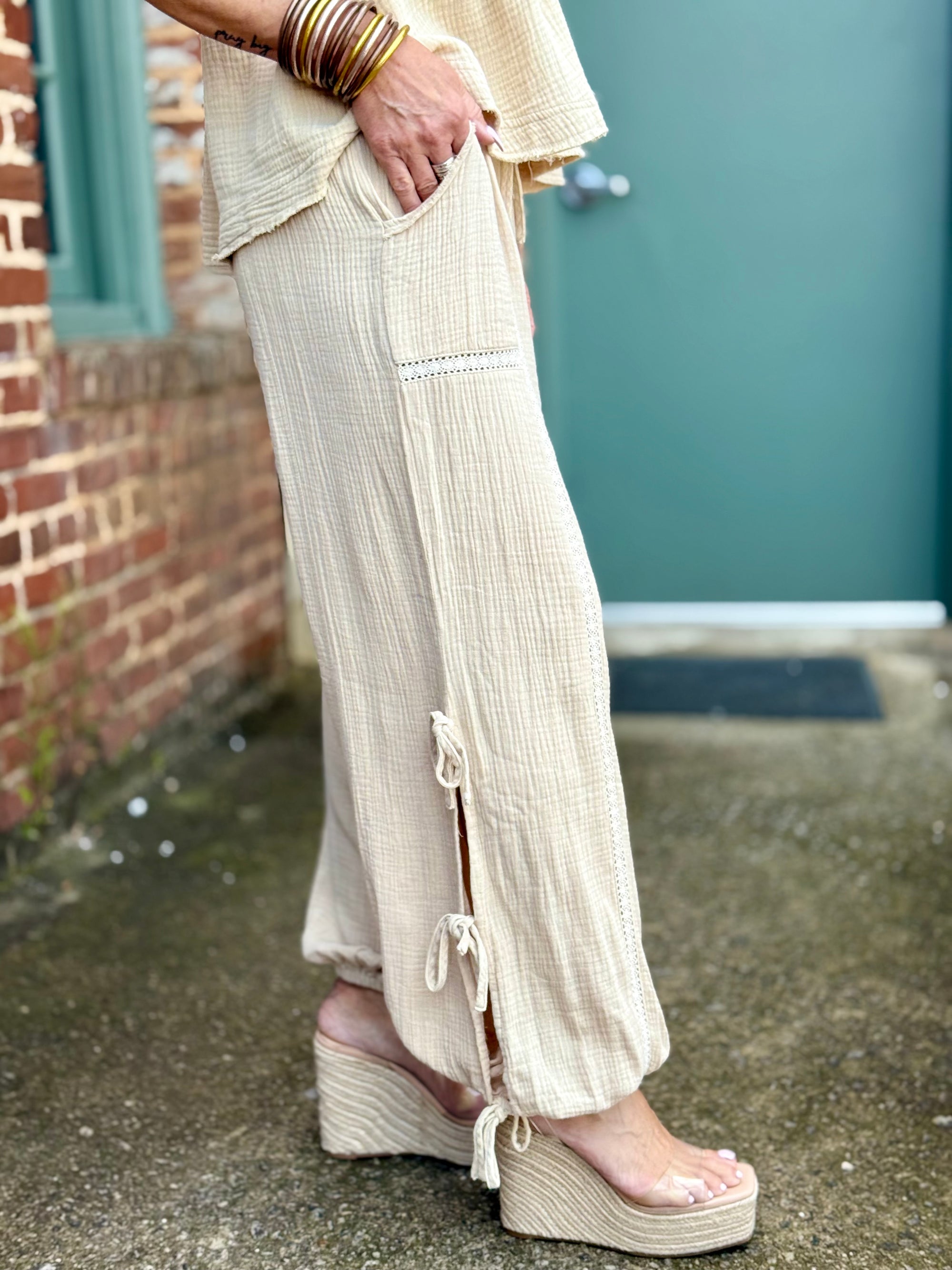 Lace Trim Side Tie Jogger Pants | Oatmeal