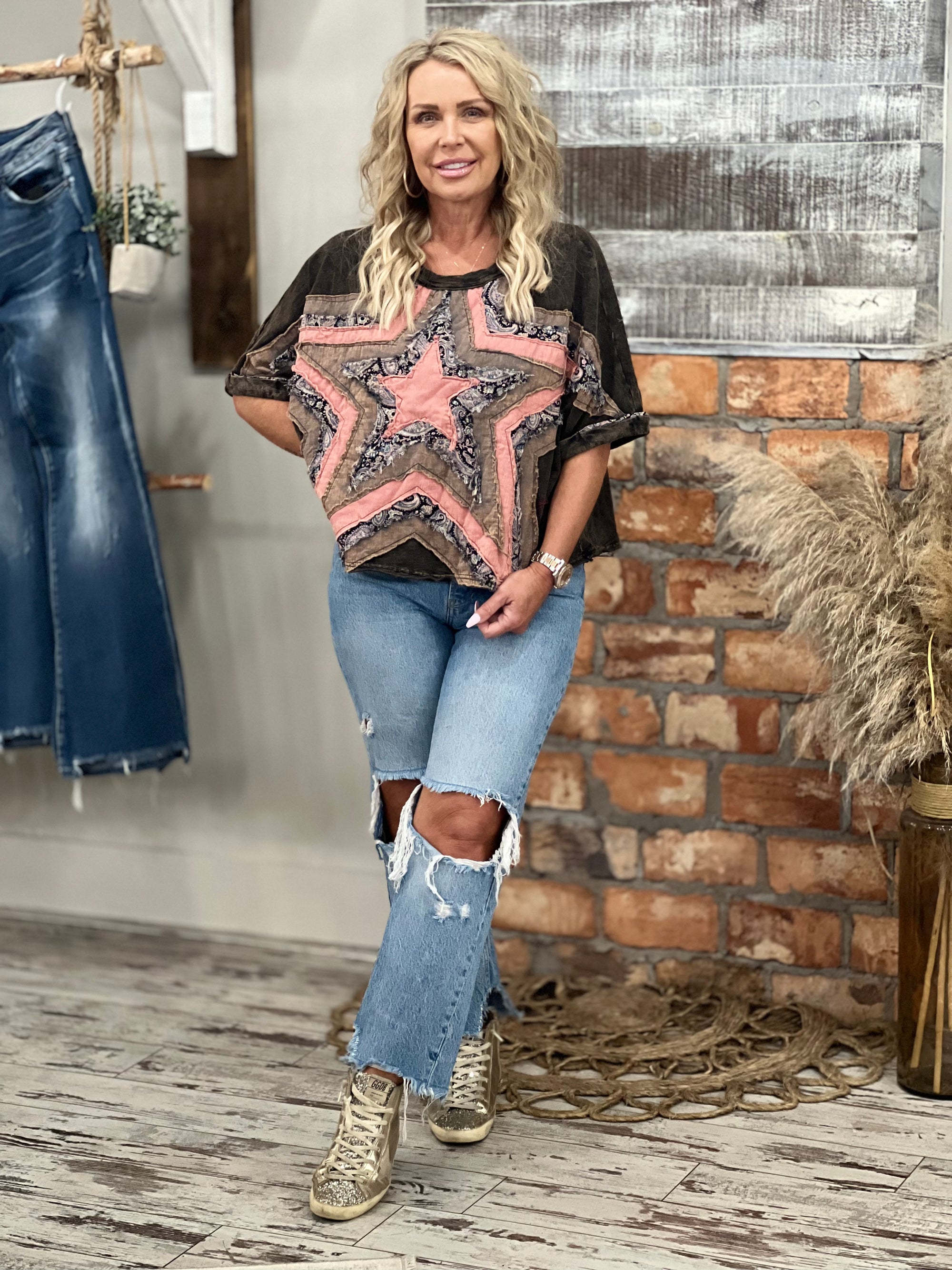 Washed Star Patchwork Top