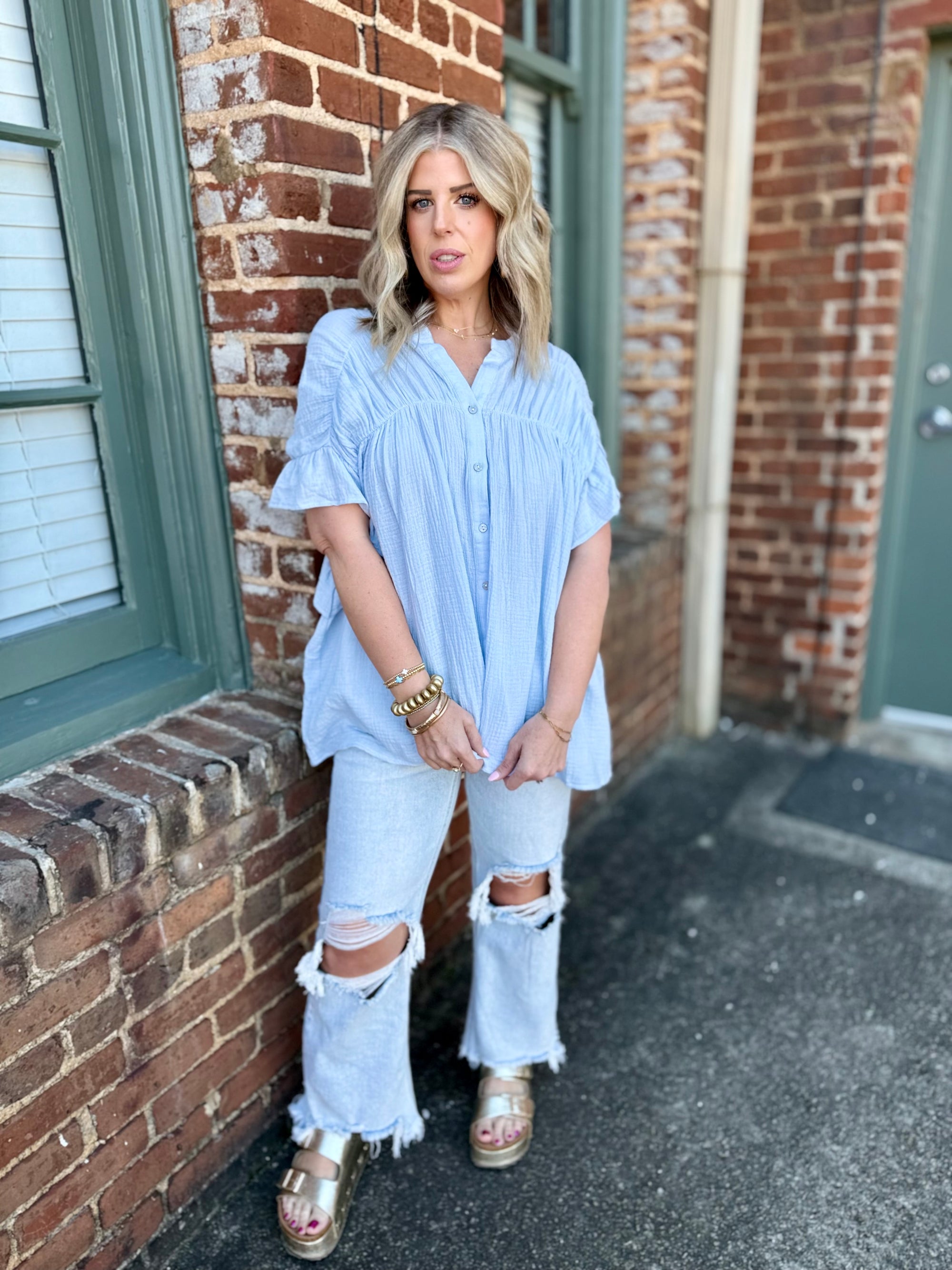 Shirred Gauze Button Up Top | Blue