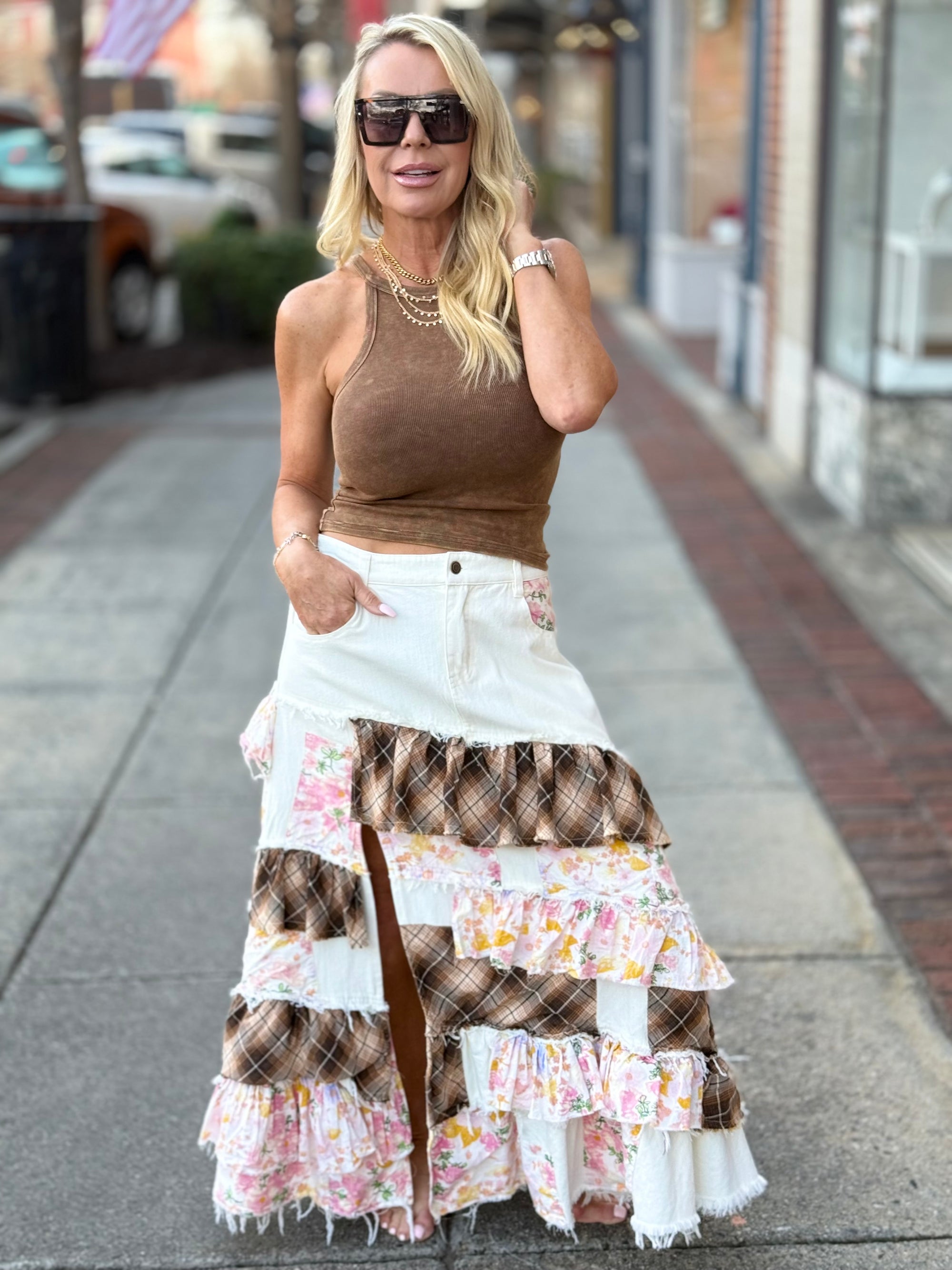 Tiered Patchwork Maxi Skirt