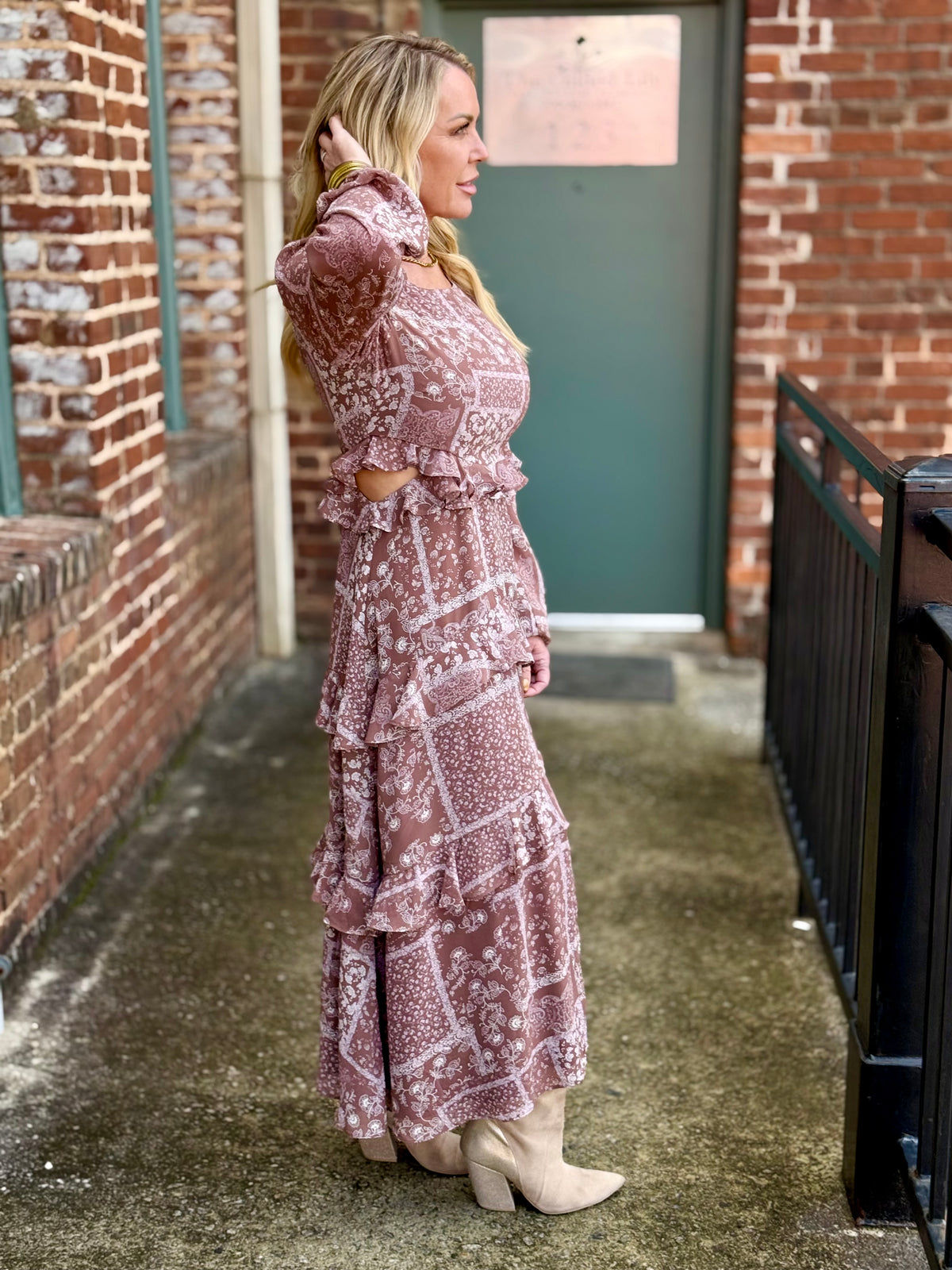 Ruffled Front Slit Midi Dress