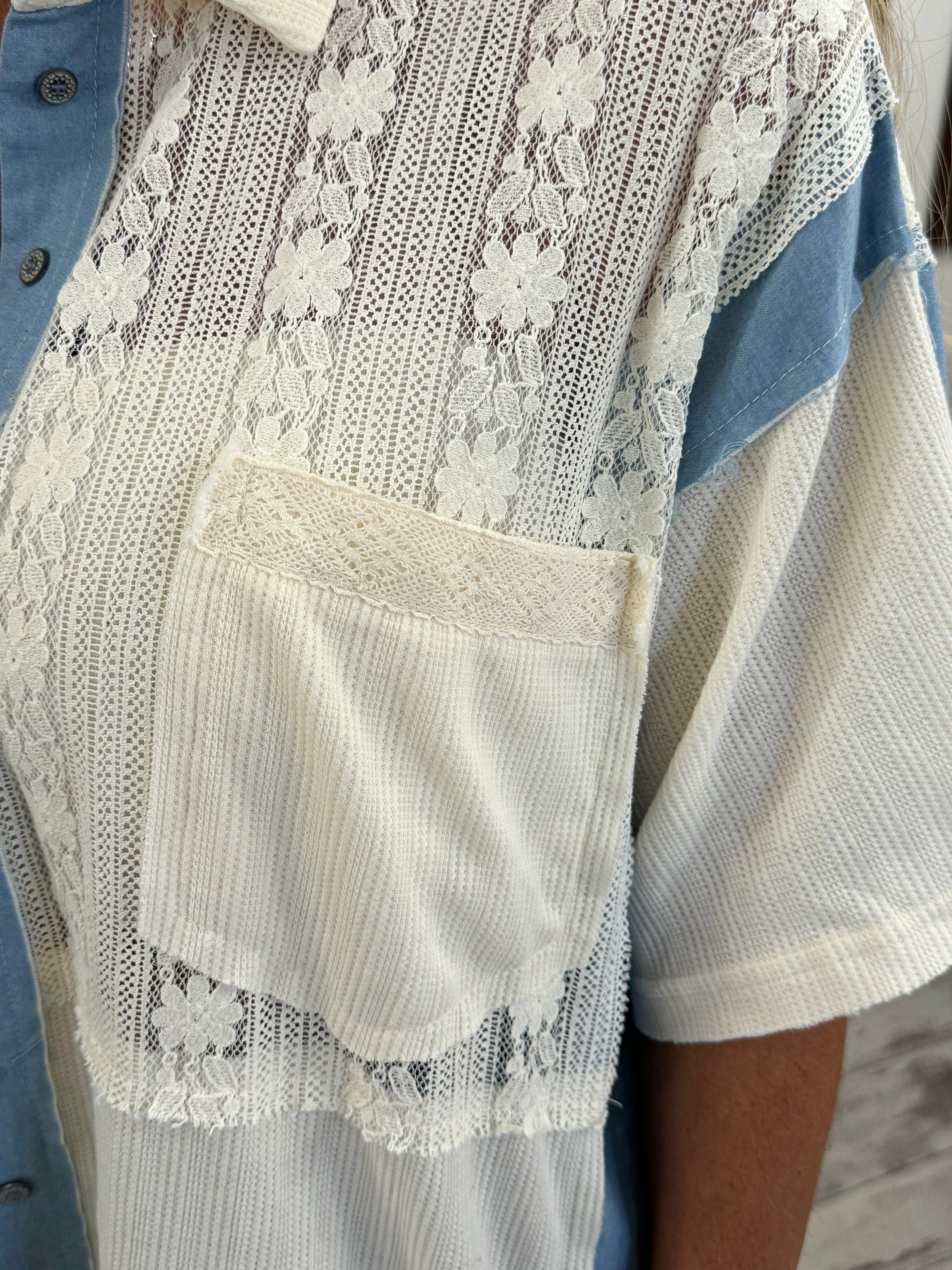 Oversized Mixed Fabric Button Down Top