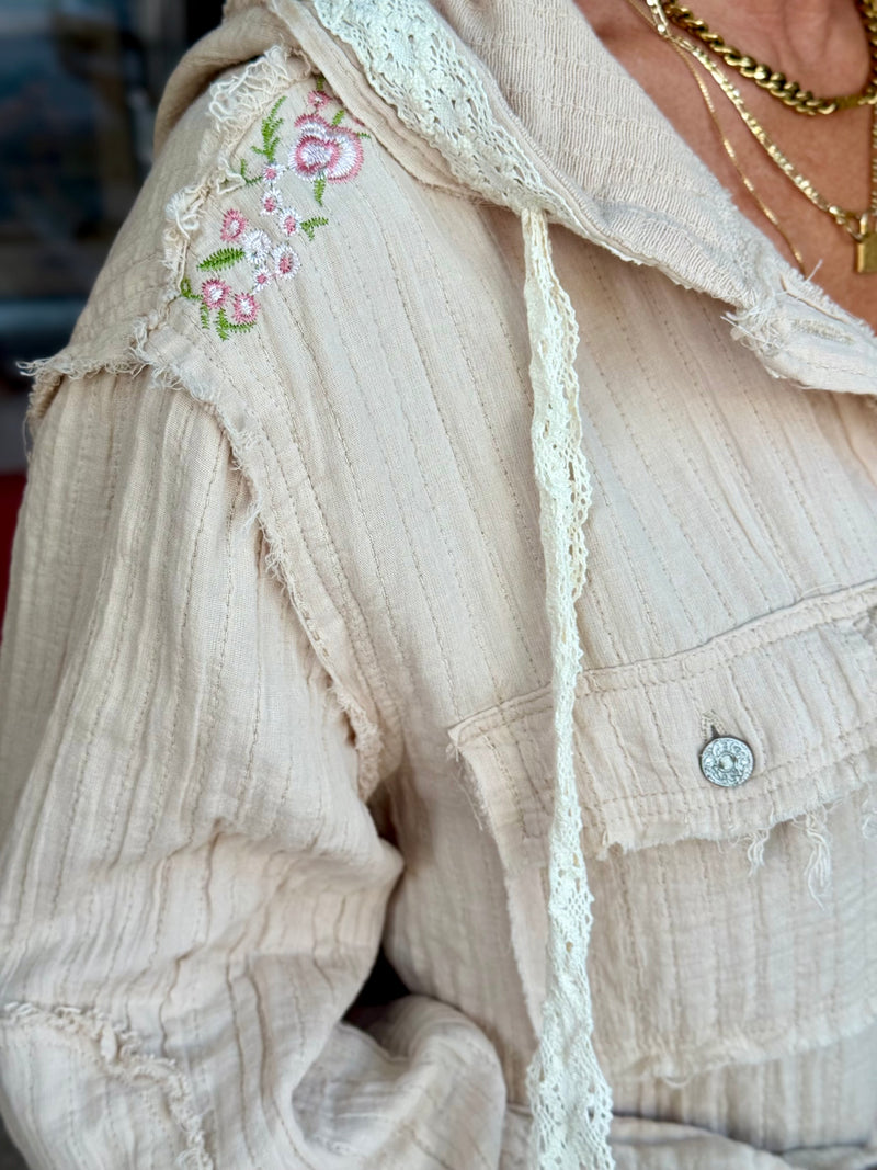 Textured Lace Trim Hooded Top