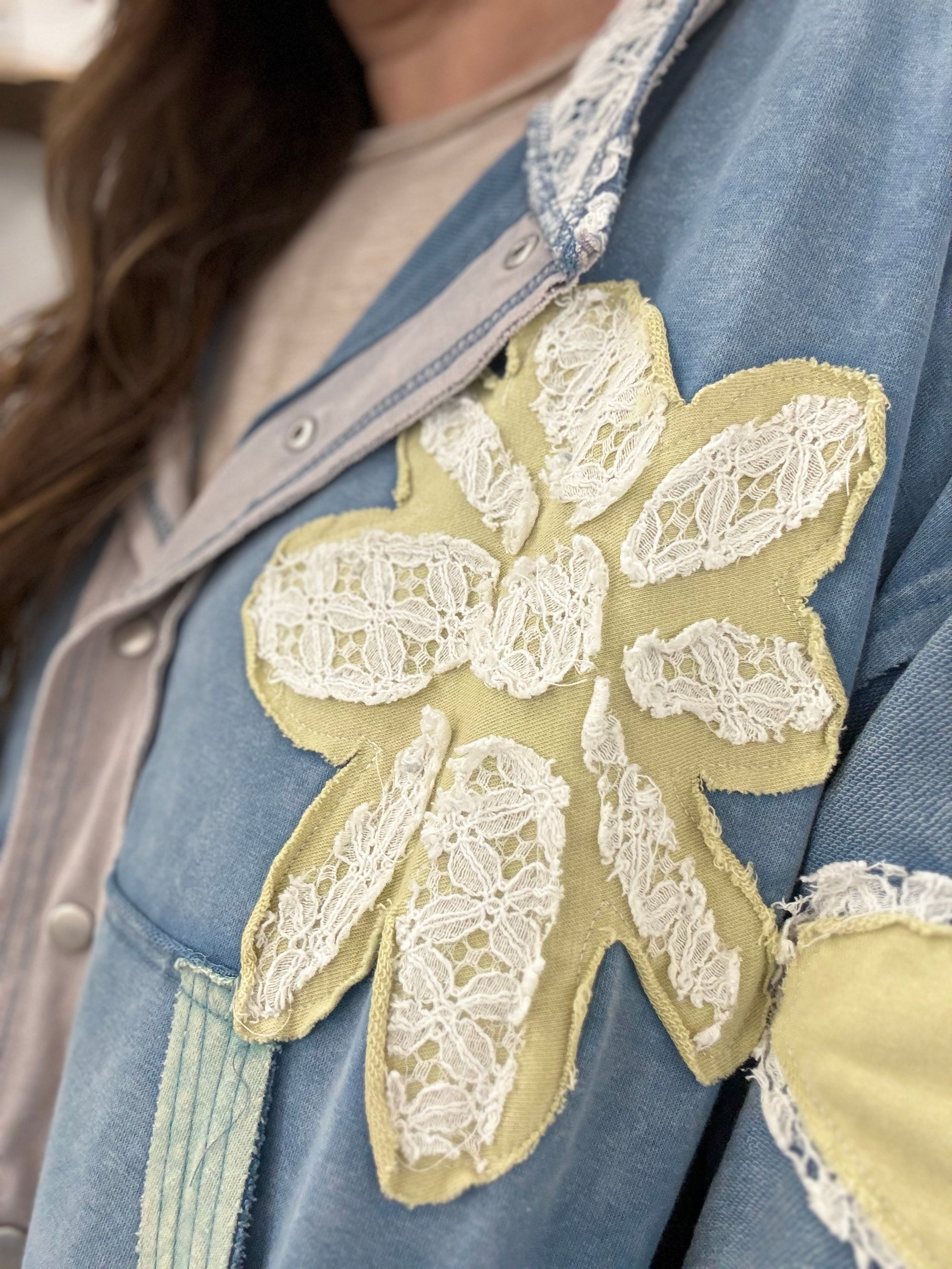 Colorblock Boho Floral Patch Hoodie Jacket