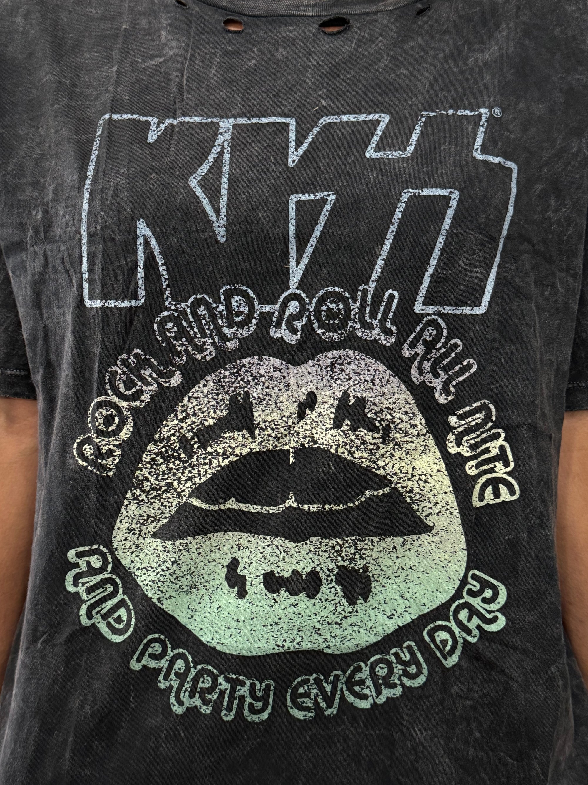 Distressed Oversized Kiss Rock N Roll Tee