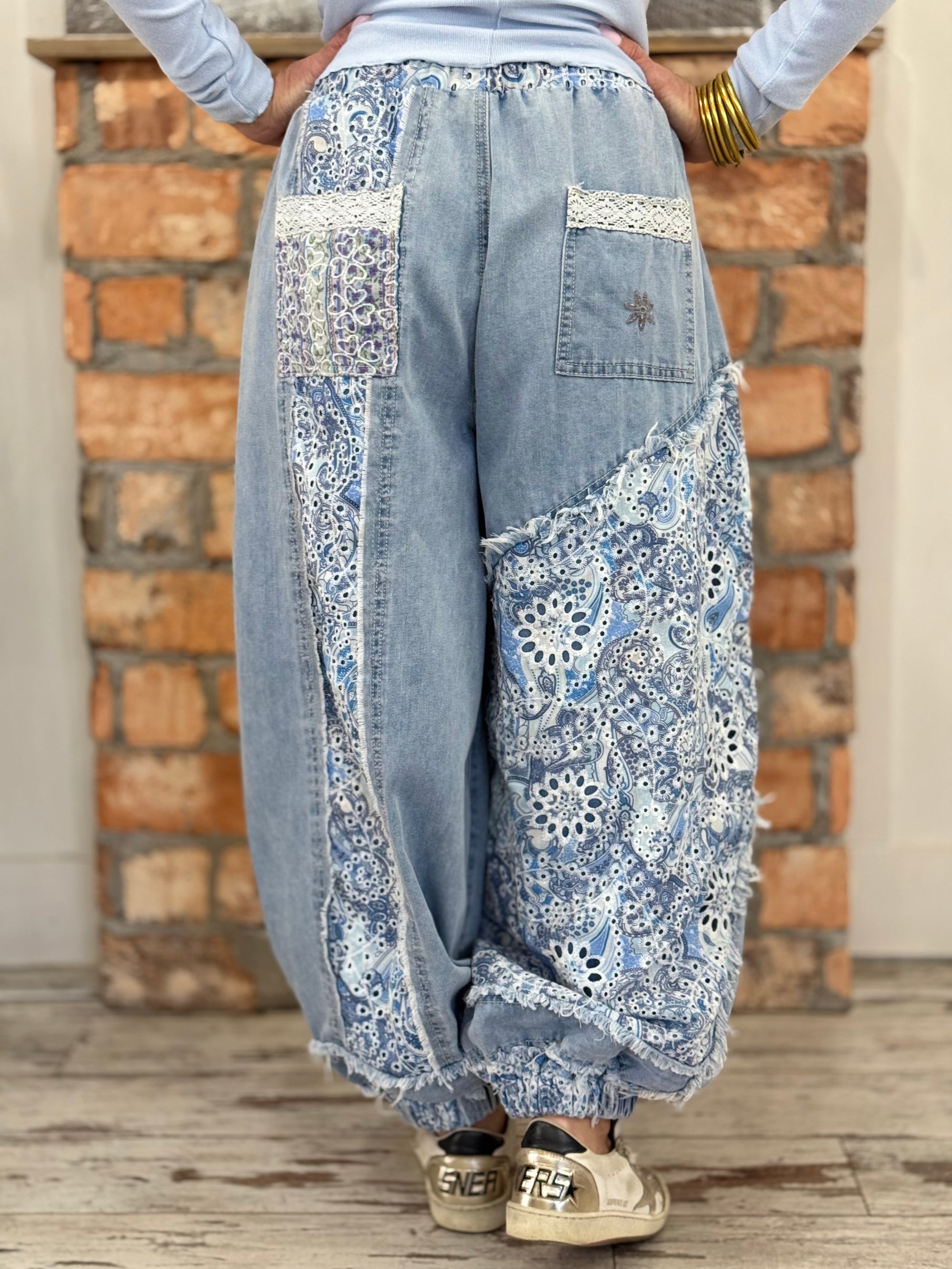 Patchwork + Lace Denim Jogger Pants