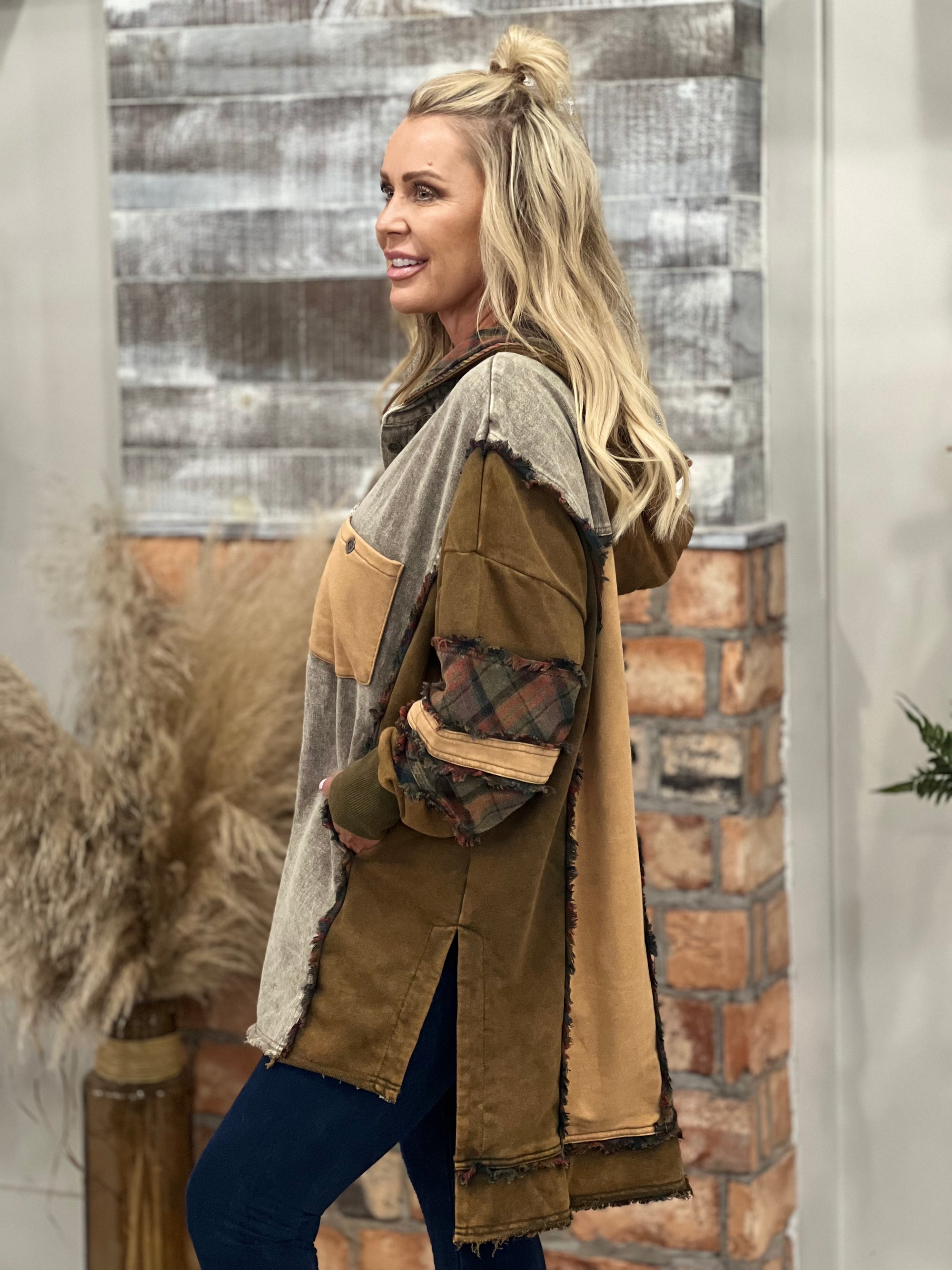 Washed Mixed Fabric Hooded Tunic Top