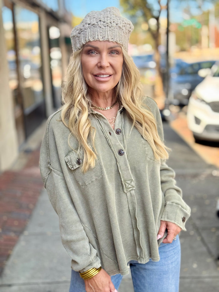 Washed Waffle Henley Top