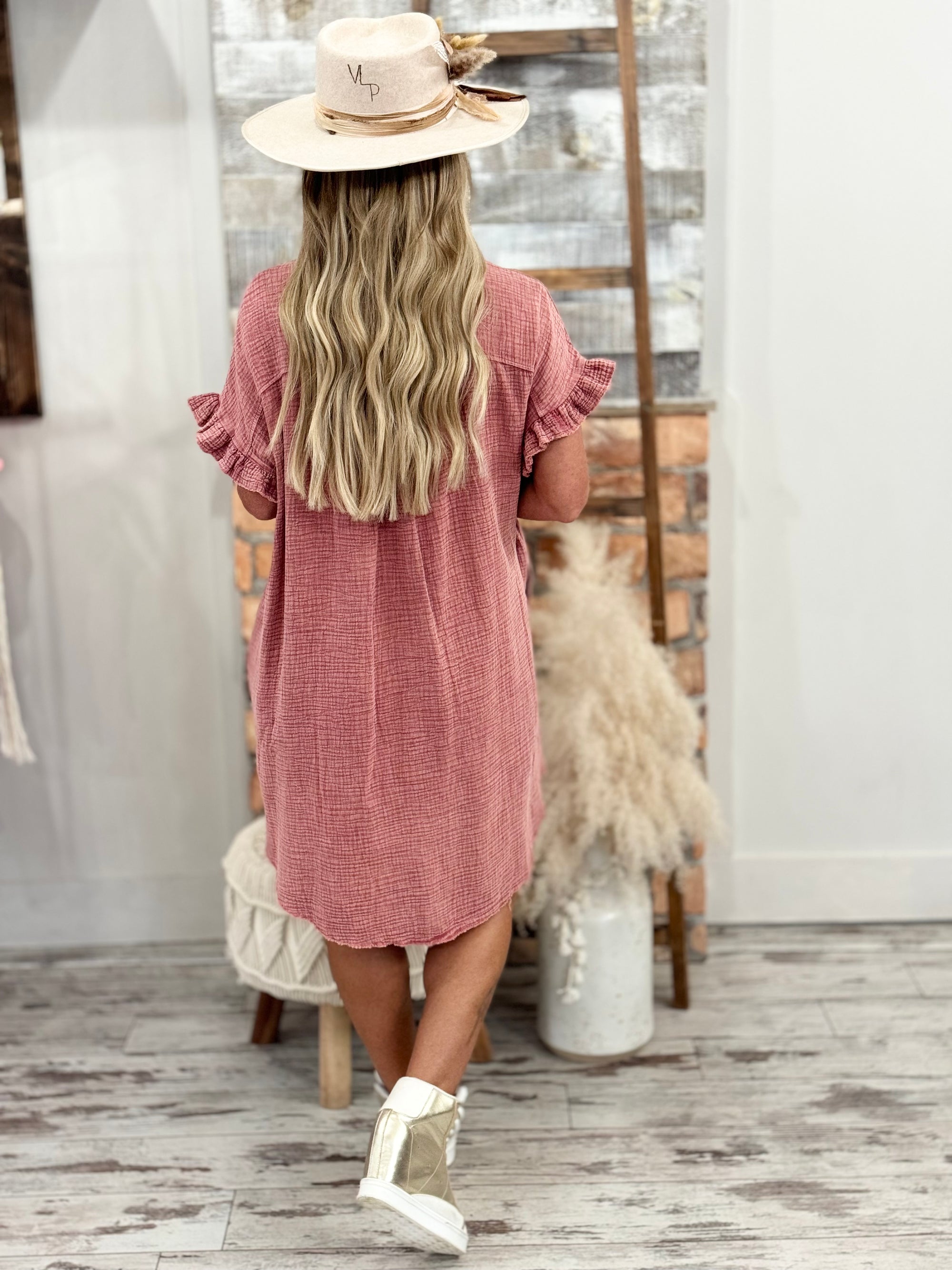 Washed Ruffle Sleeve Gauze Button Down Dress