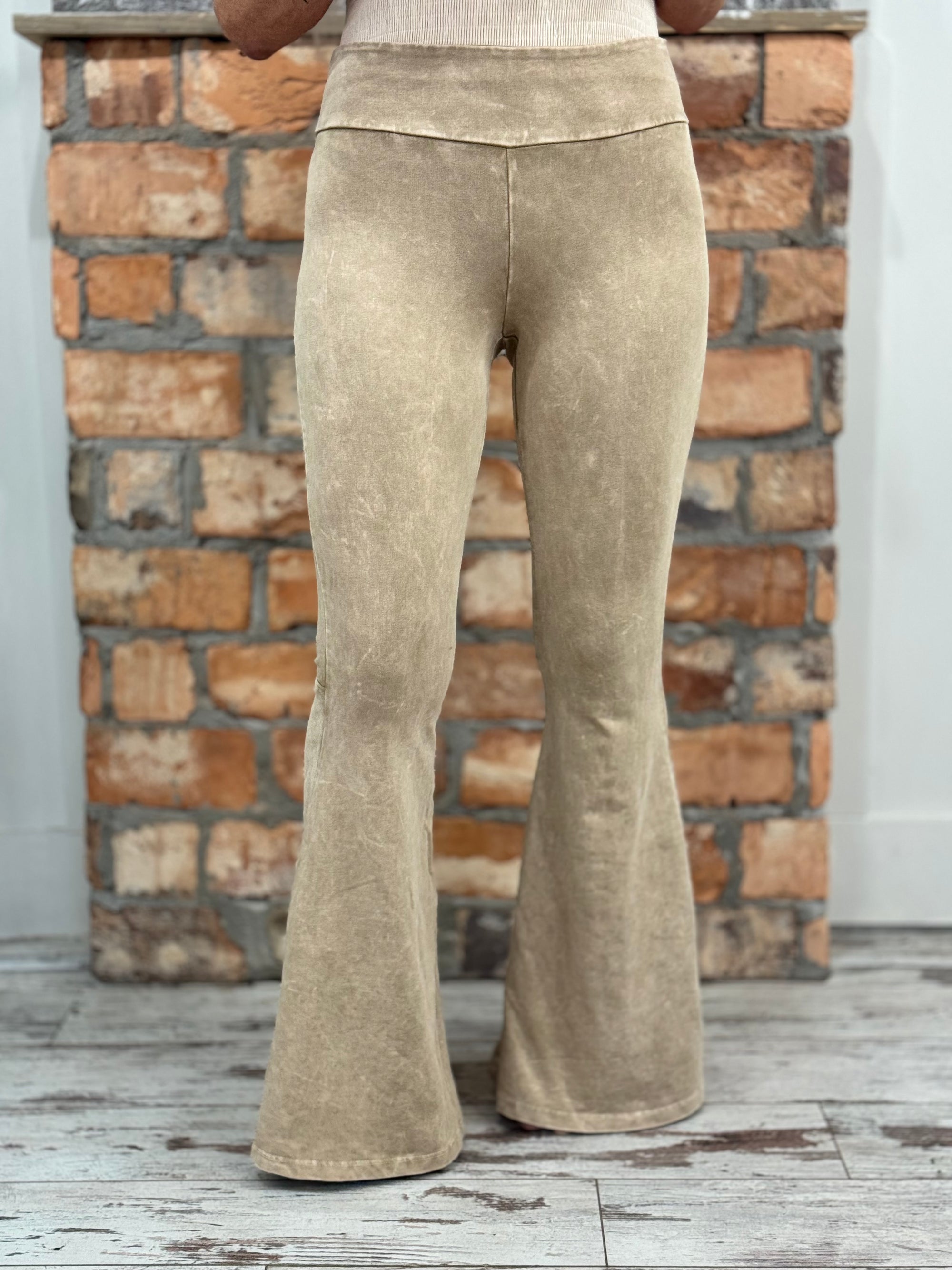 Washed Bell Bottom Flare Pants with Pockets in Beige