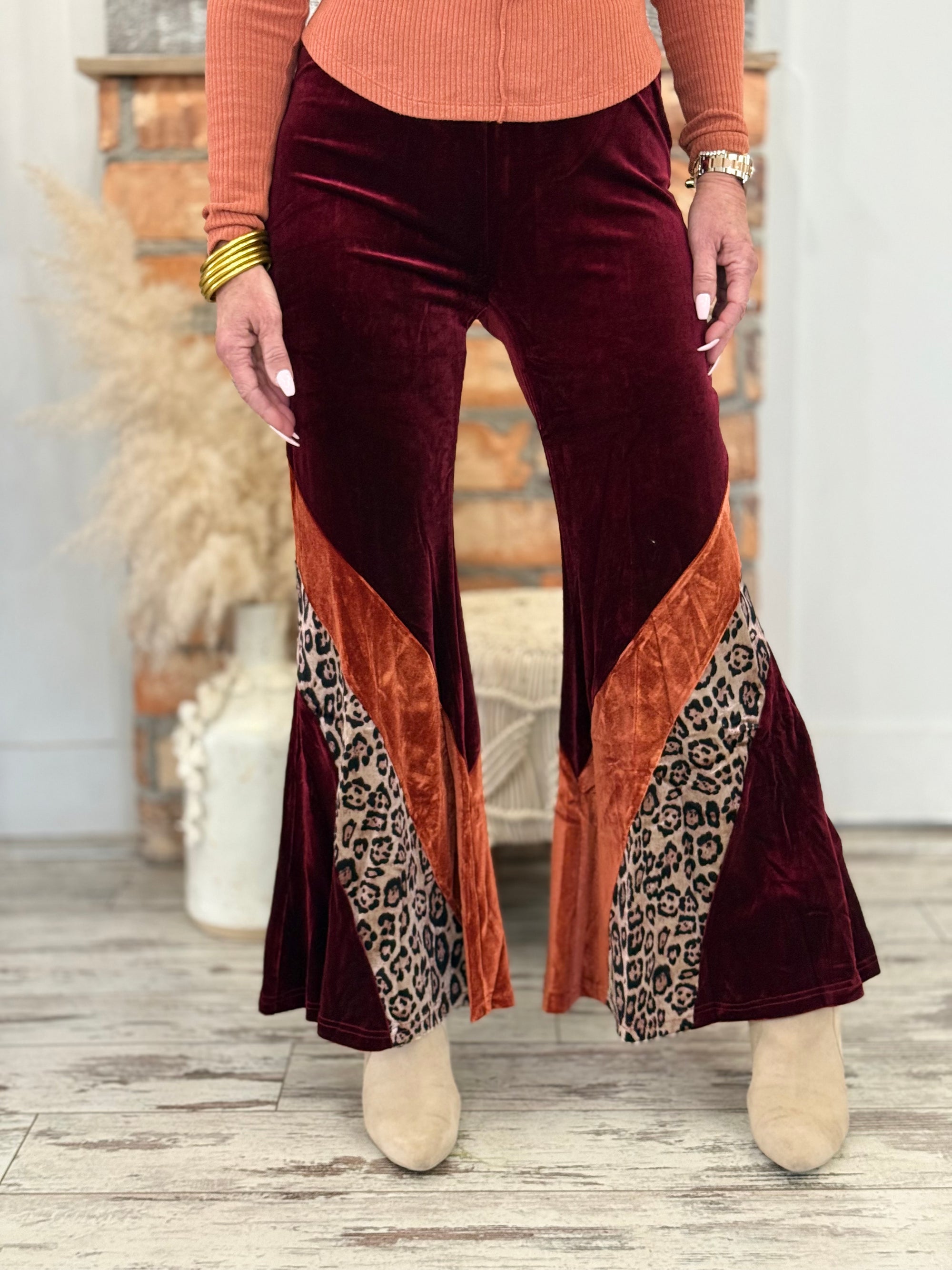 Velvet Leopard Color Block Flare Pants | Wine