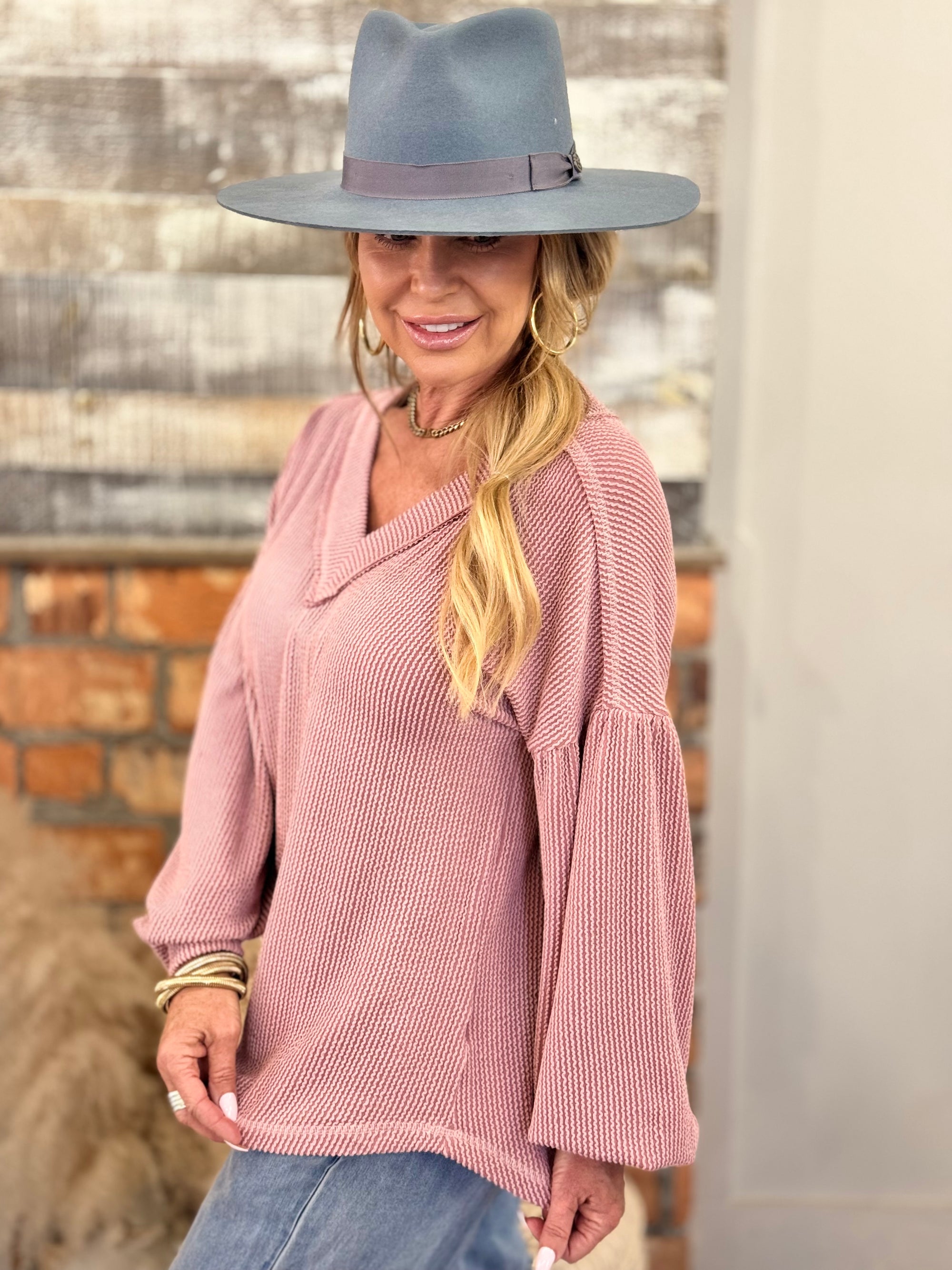 Two Tone Balloon Sleeve Top | Pink