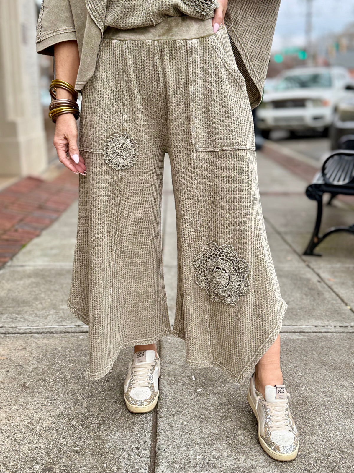 Crochet Floral Patch Waffle Pants