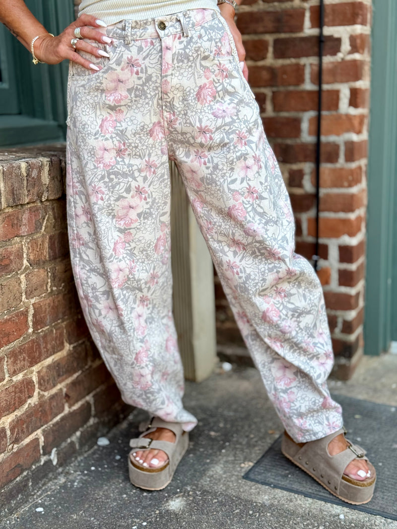 Floral Print Barrel Jeans