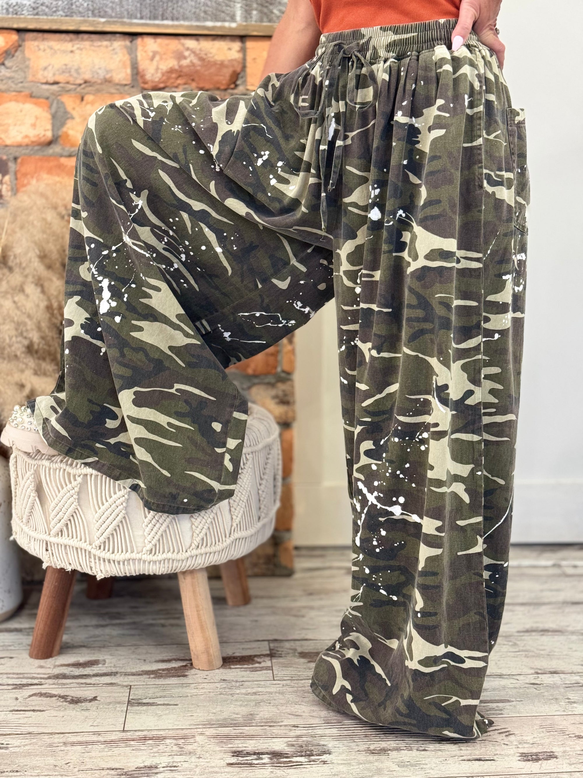 Camo Paint Splatter Wide Leg Pants