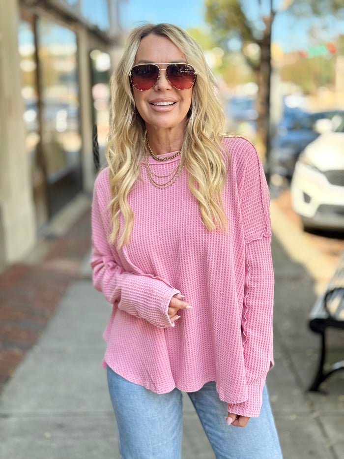 Waffle Knit Rounded Hem Top
