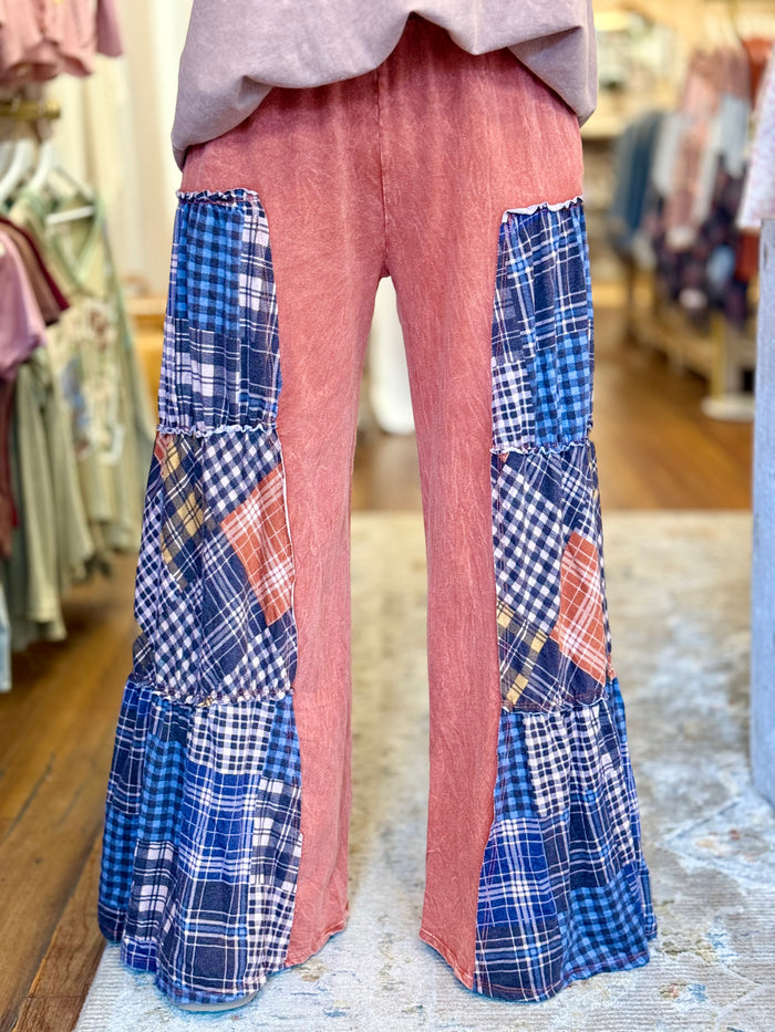 Tiered Plaid Patchwork Wide Leg Pants