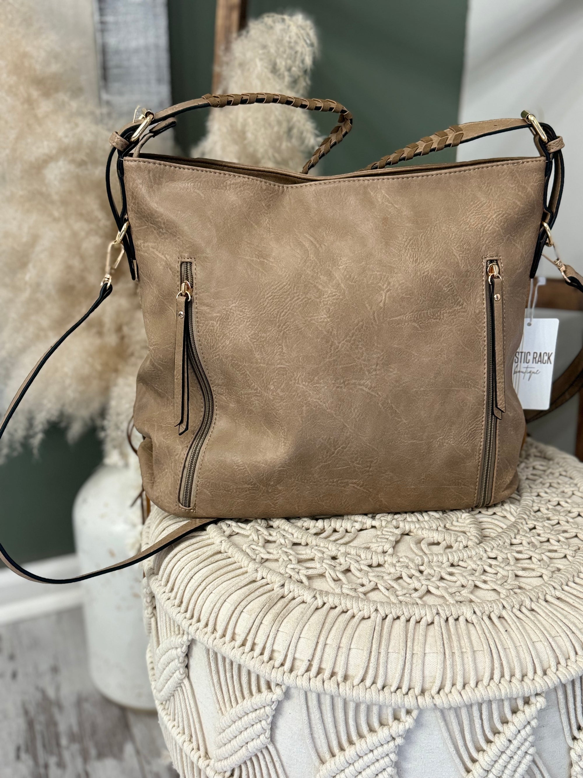 Boho Braided Strap Fringe Purse | Taupe