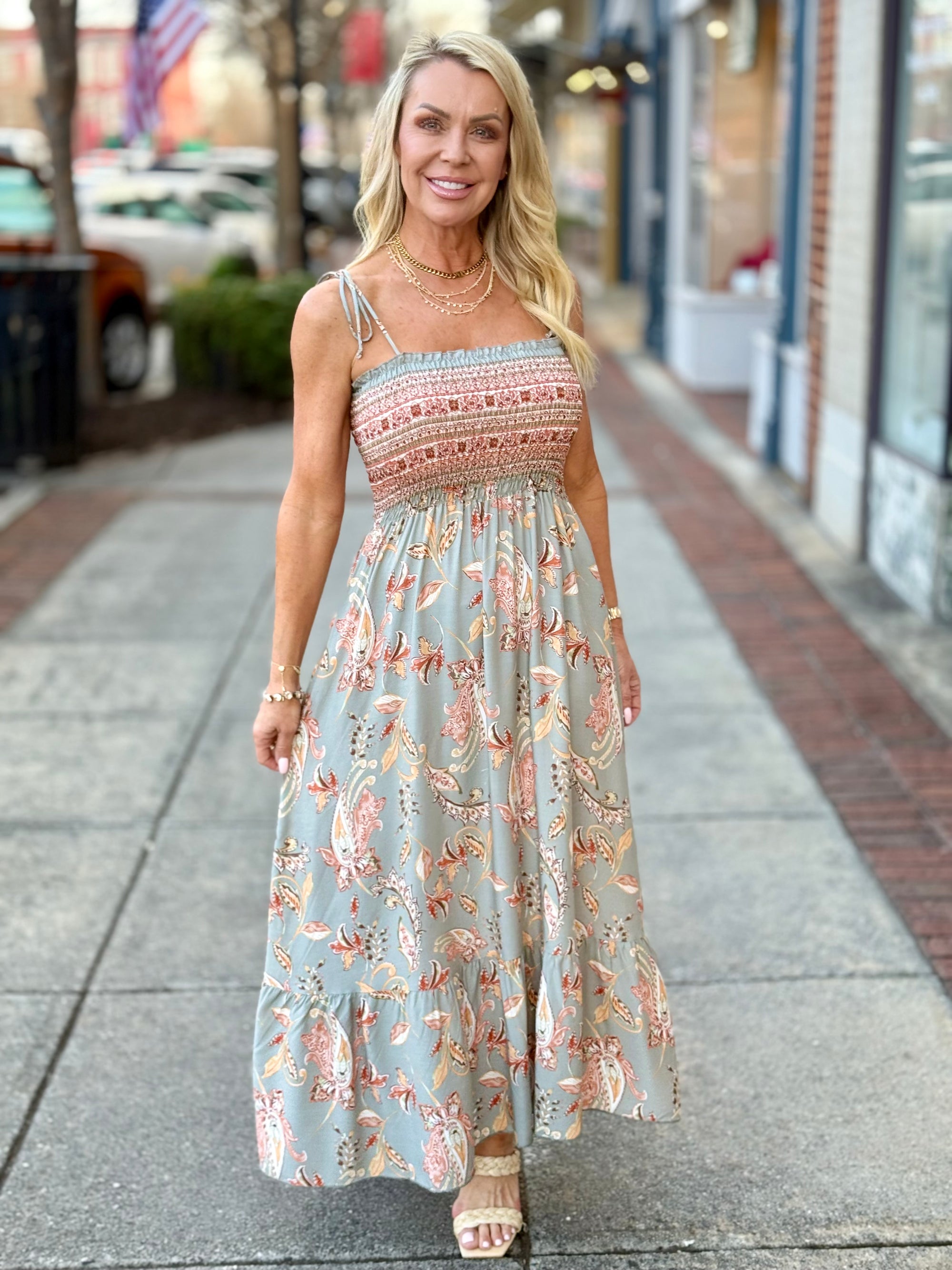 Smocked Paisley Print Dress