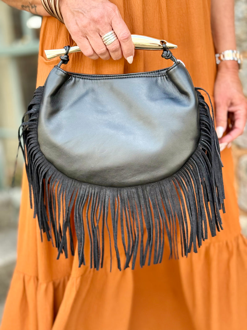 Gold Handle Fringe Purse | Black