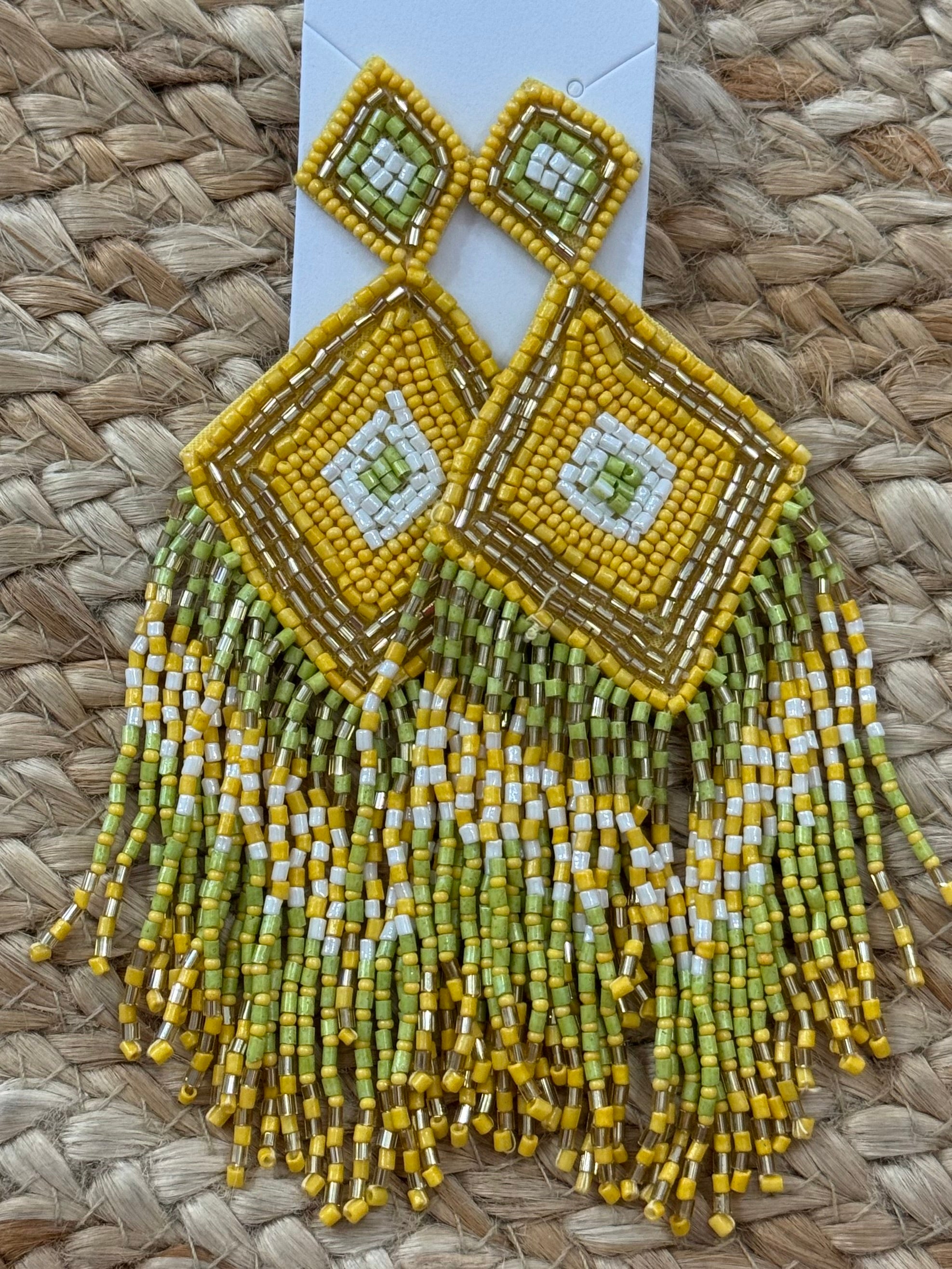 Seed Bead Rhombus Tassel Earrings in Yellow