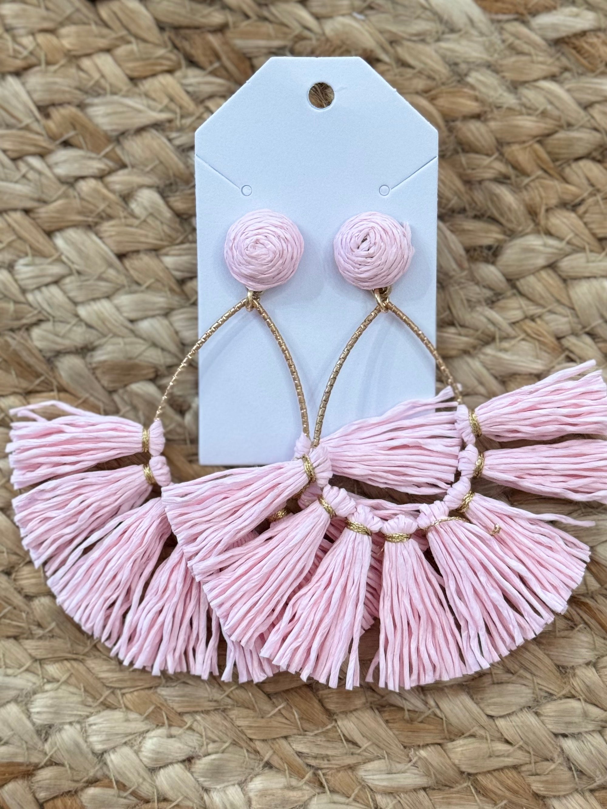 Raffia Fan Tassel Earrings in Light Pink