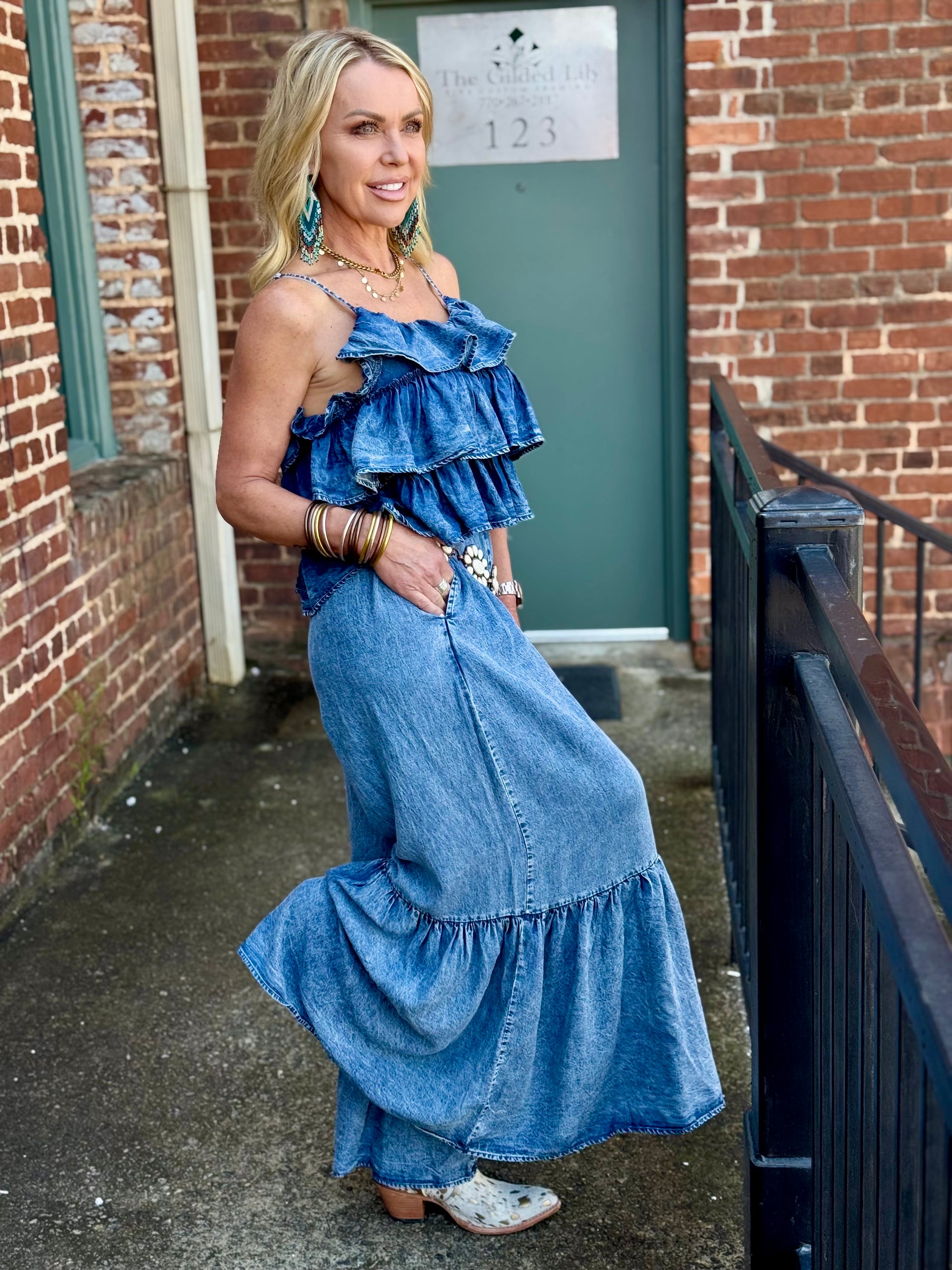 Tencel Tiered Ruffle Wide Leg Jumpsuit