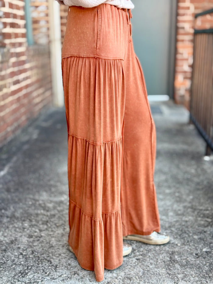 Tiered Mineral Wash Wide Leg Pants