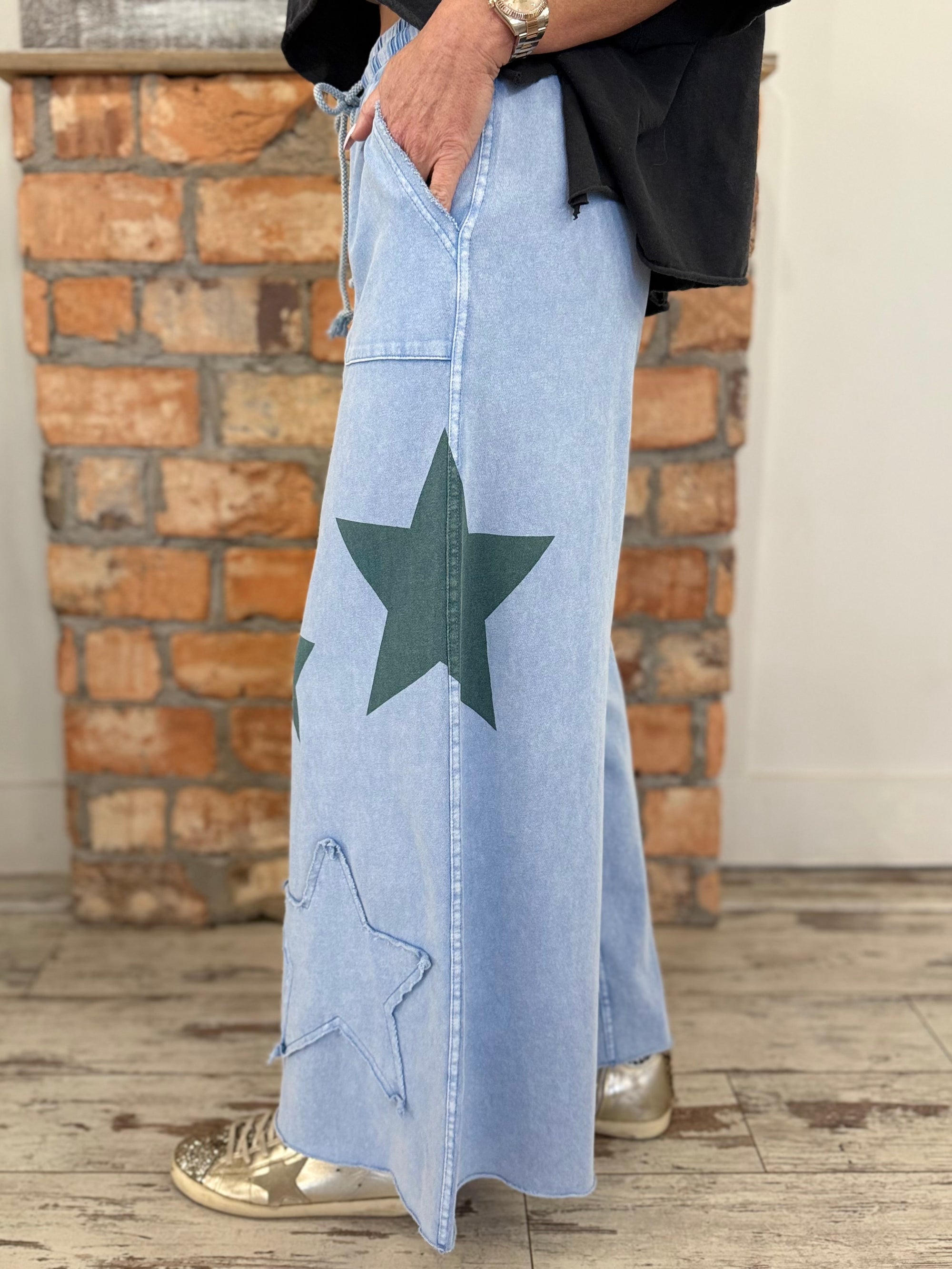 Cropped Wide Leg Star Patch Pants | Blue