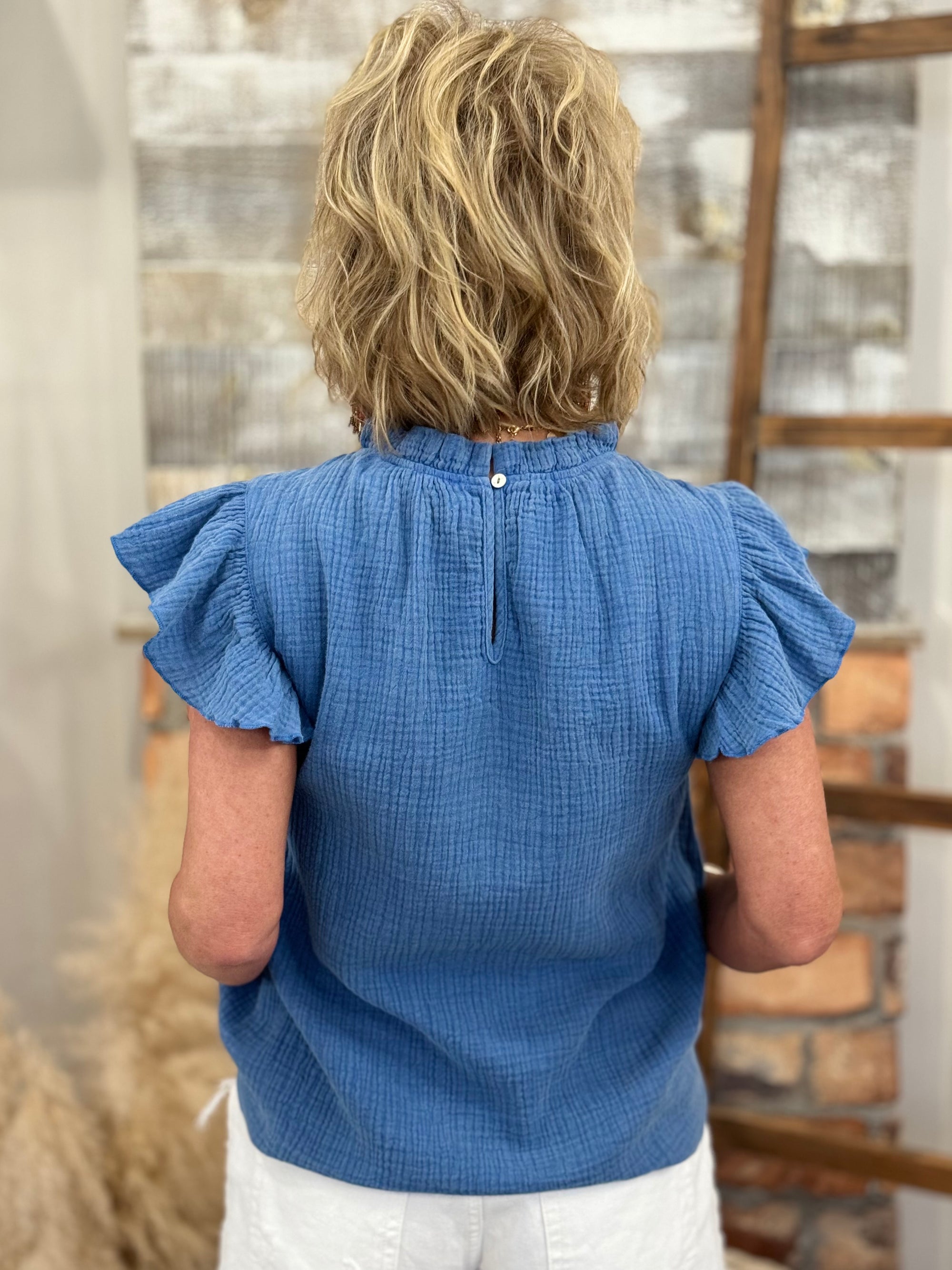 Washed Ruffle Cap Sleeve Top in Blue