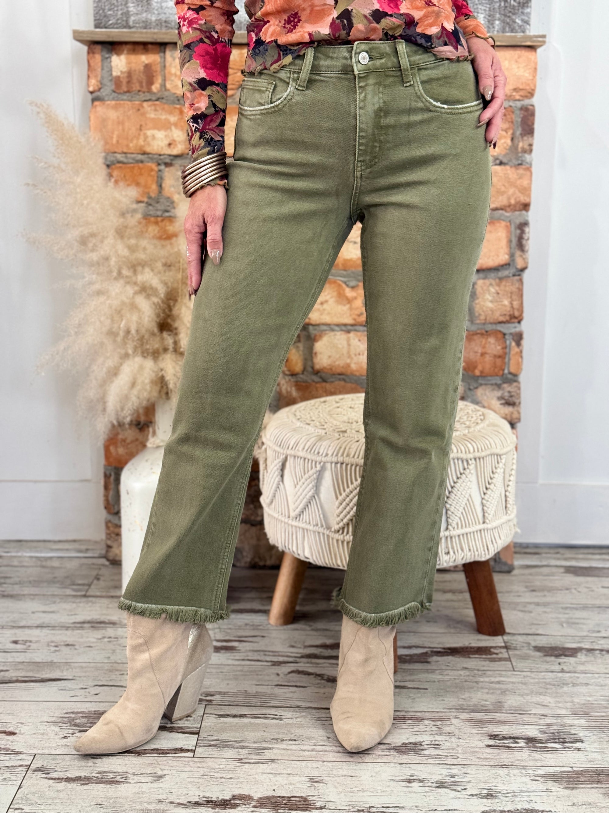 High Rise Straight Leg Ankle Jeans | Olive