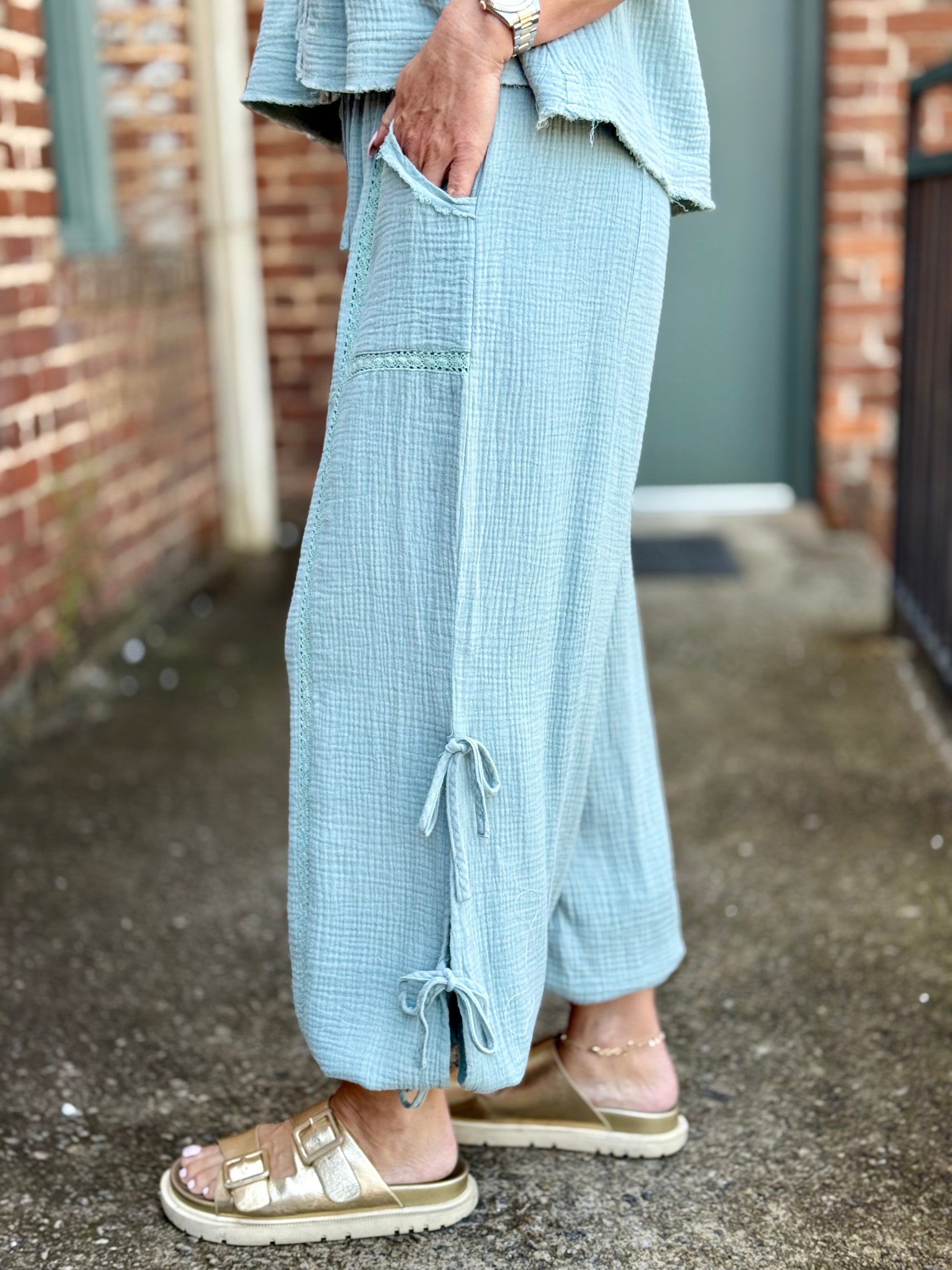 Lace Trim Side Tie Jogger Pants | Sage