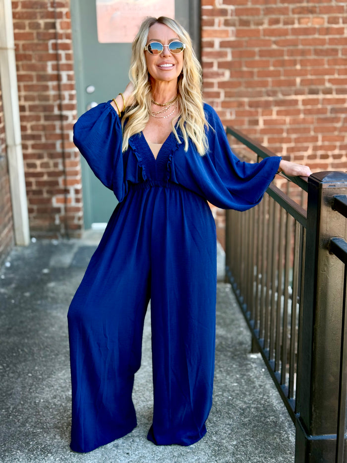 Ruffle V Neck Wide Leg Jumpsuit