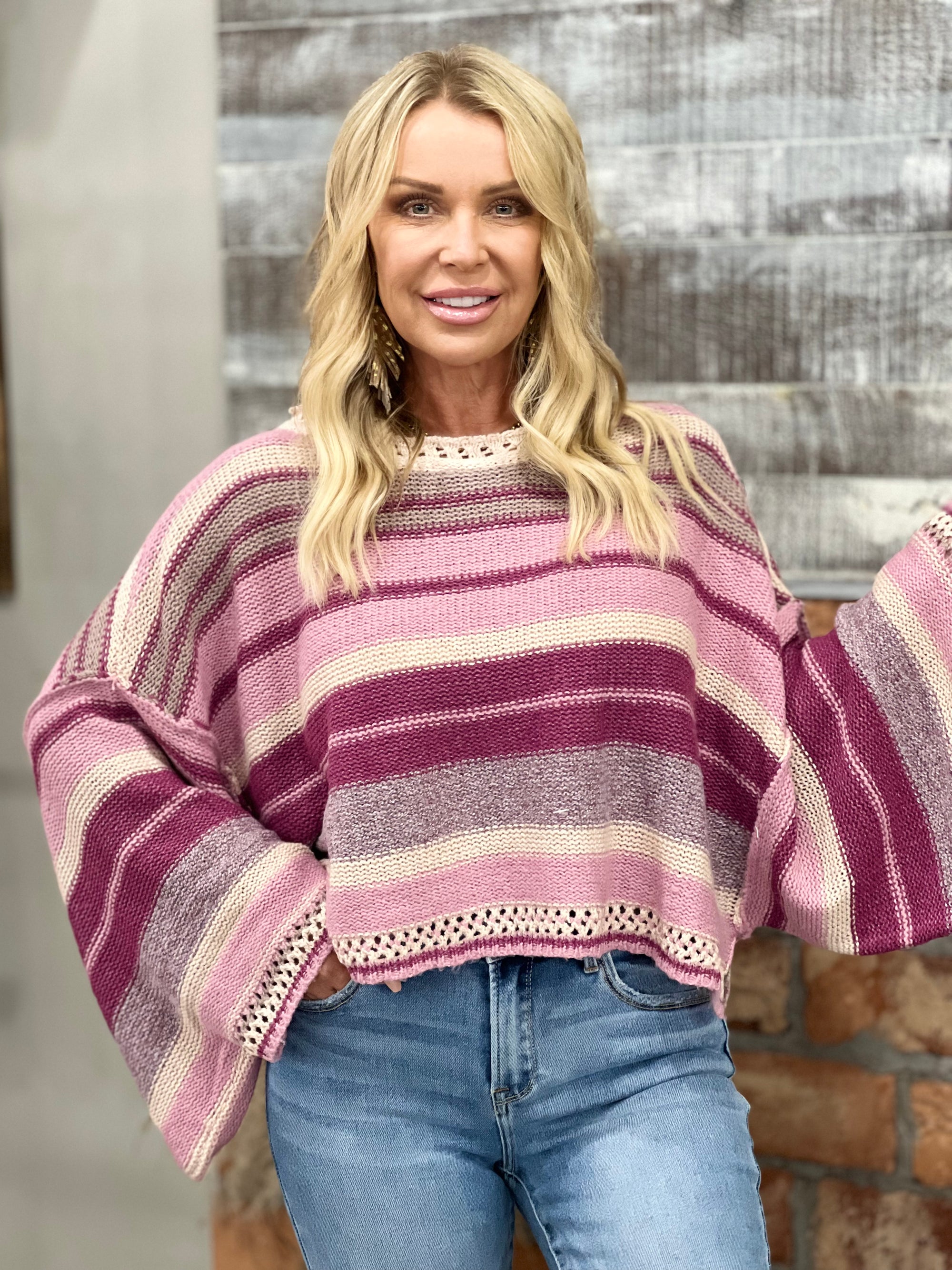 Striped Poncho Knit Sweater in Pink
