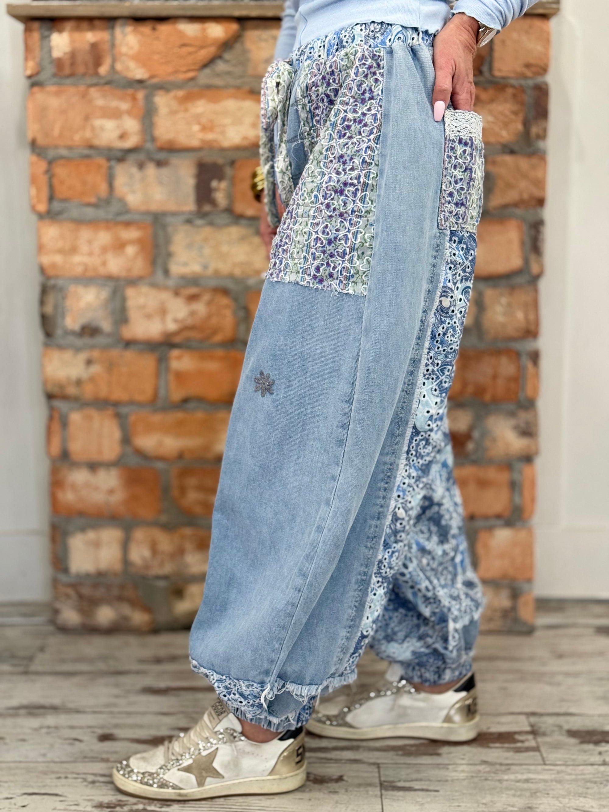 Patchwork + Lace Denim Jogger Pants