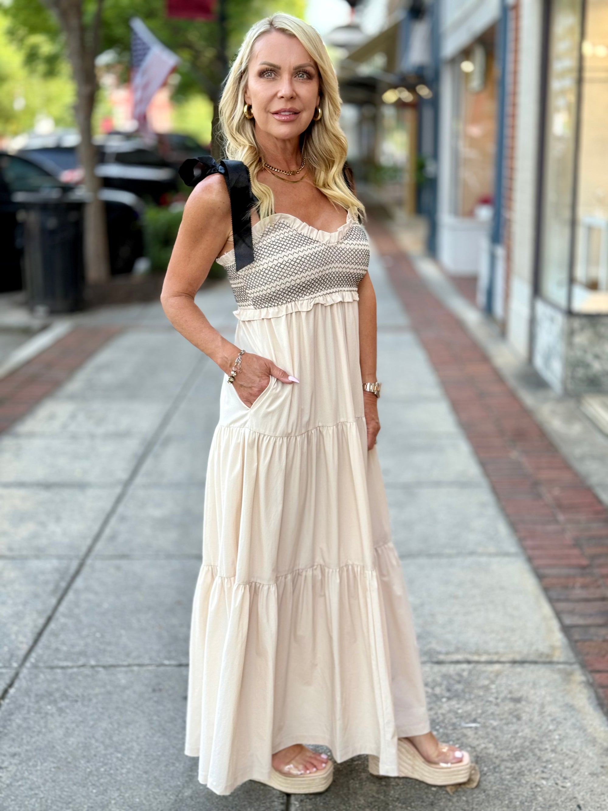 Tiered Ribbon Tie Maxi Dress