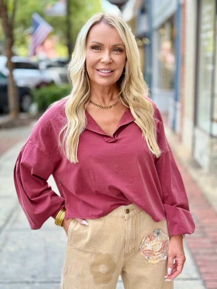 Washed Pleated Sleeve Top | Burgundy