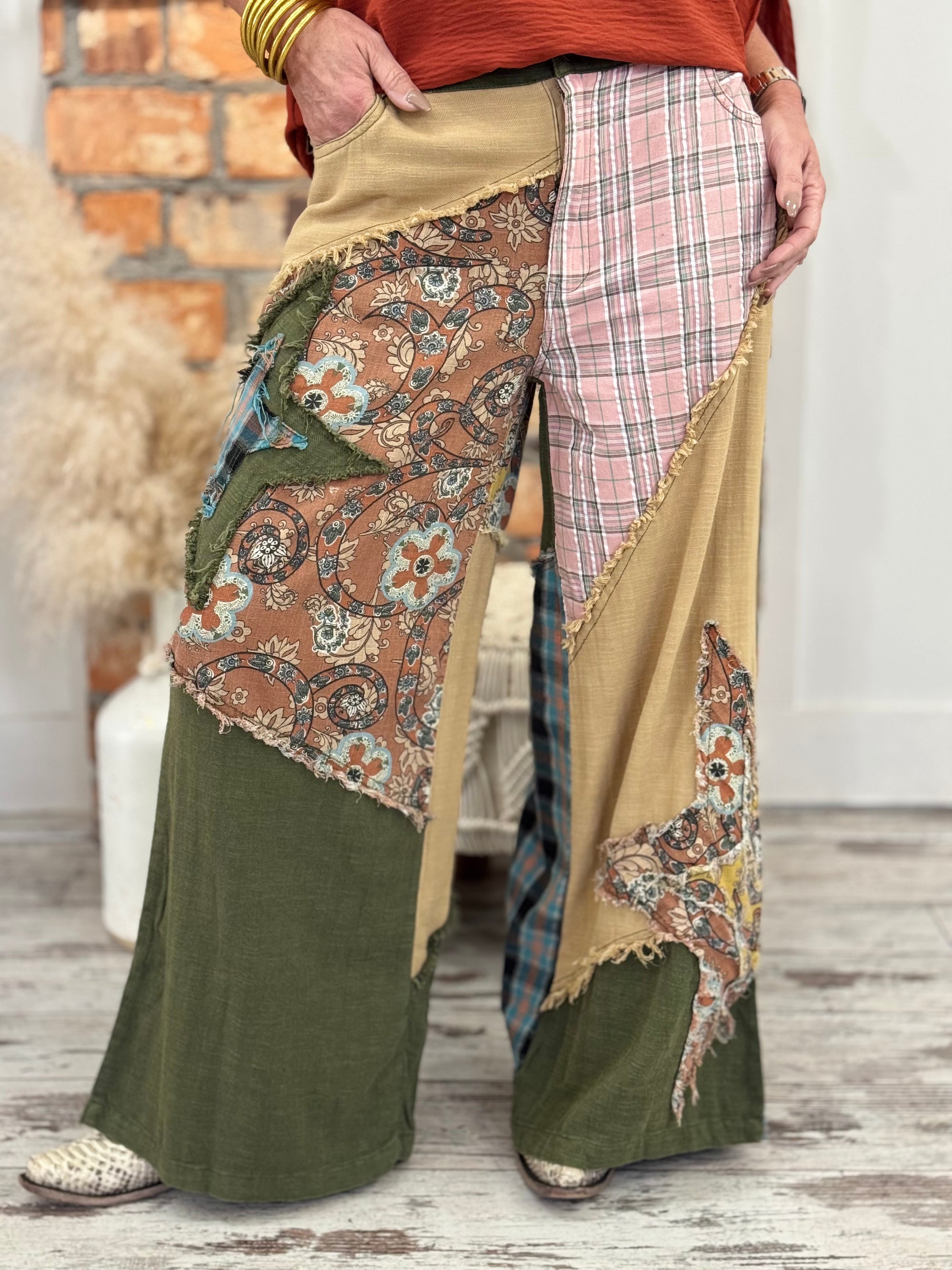 Mixed Patchwork Wide Leg Pants in Olive