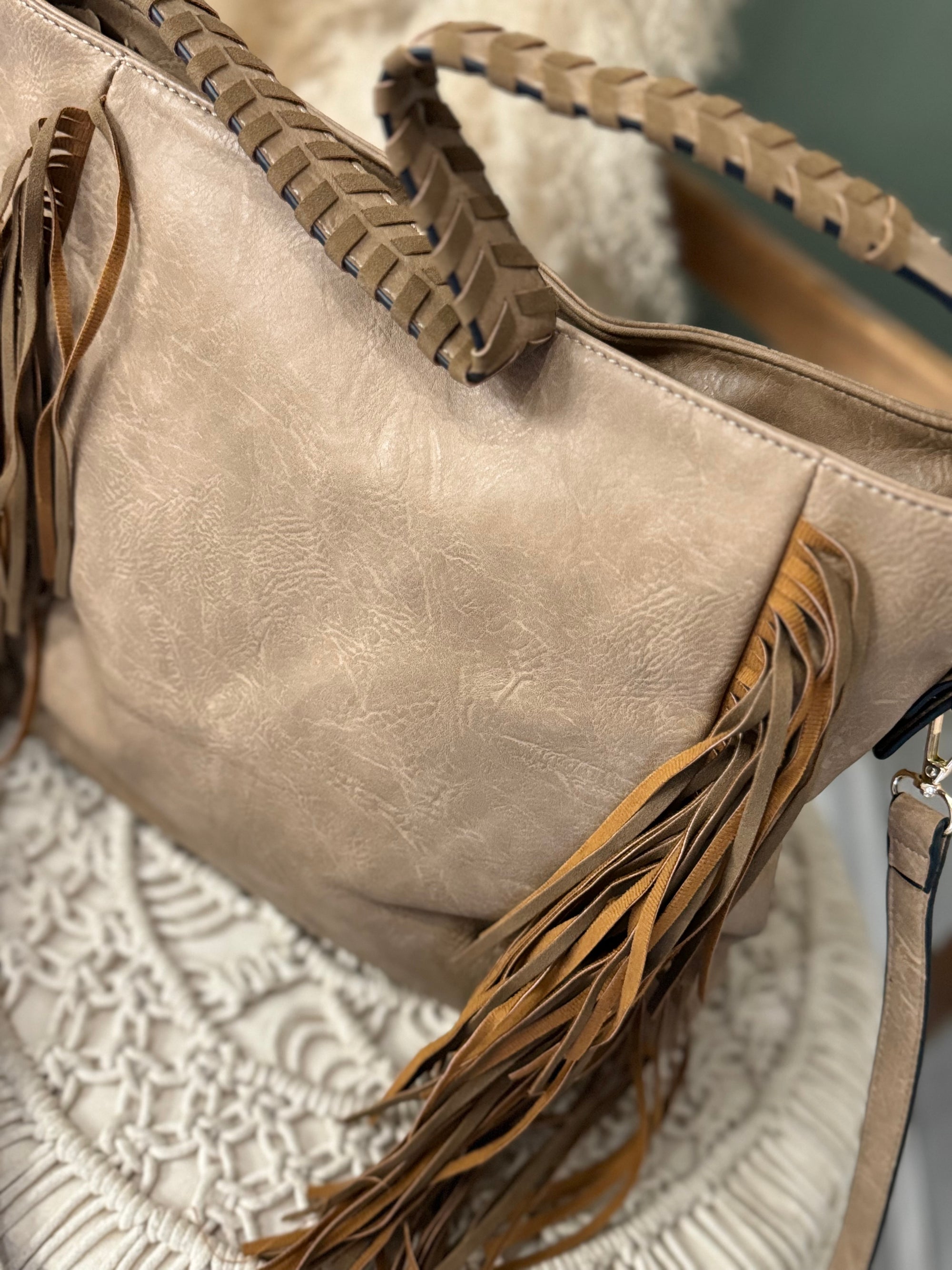 Boho Braided Strap Fringe Purse | Taupe