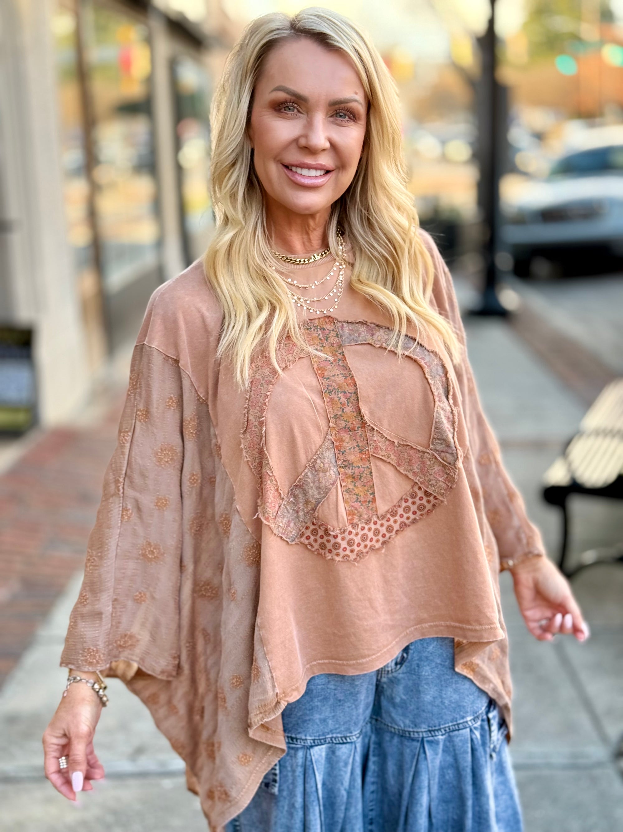 Patchwork Peace Sign Poncho Top | Tan