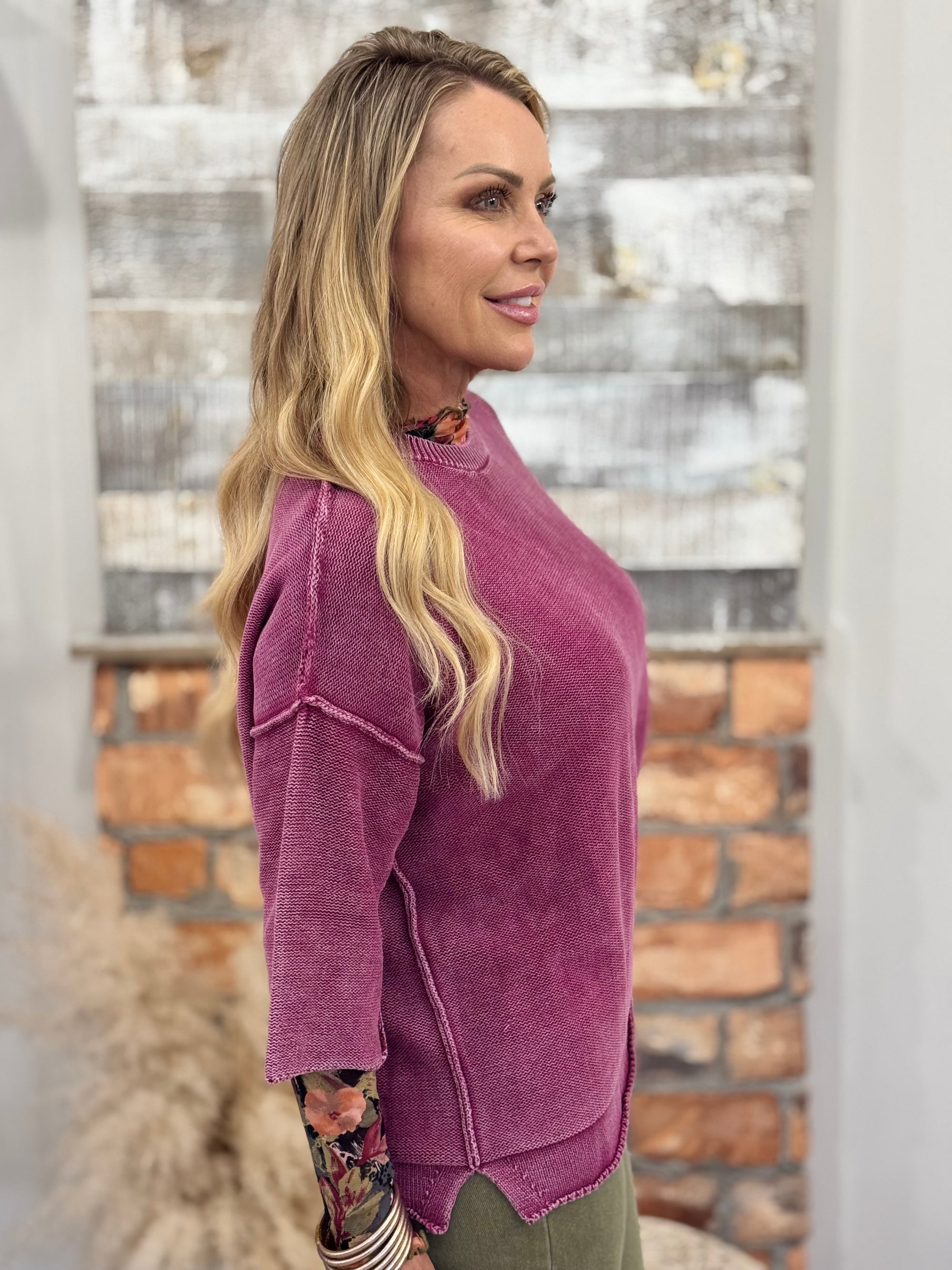 Mineral Washed Knit Sweater in Wine