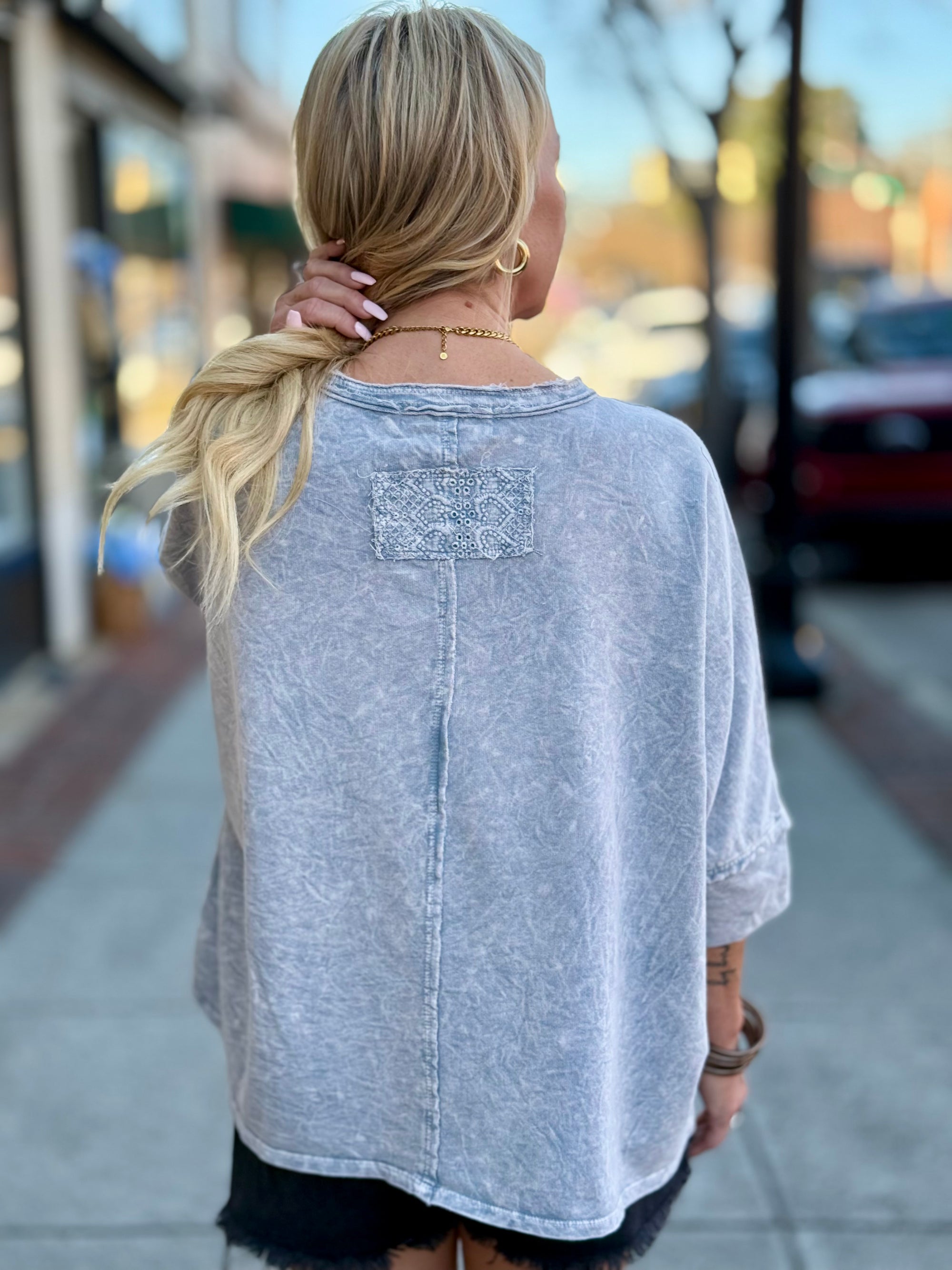 Oversized Washed Heart Patch Top | Grey