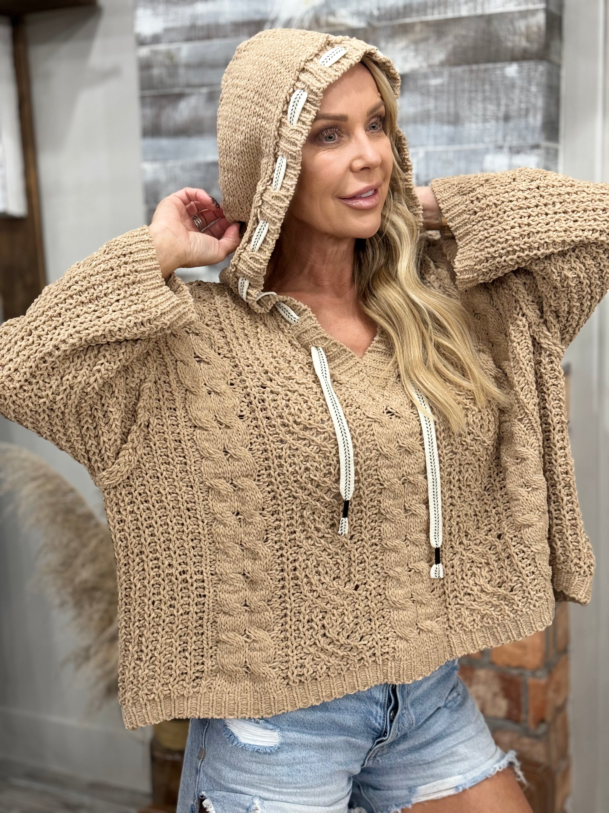 Chenille Cable Knit Hooded Top