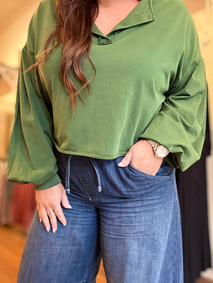 Washed Pleated Sleeve Top | Green
