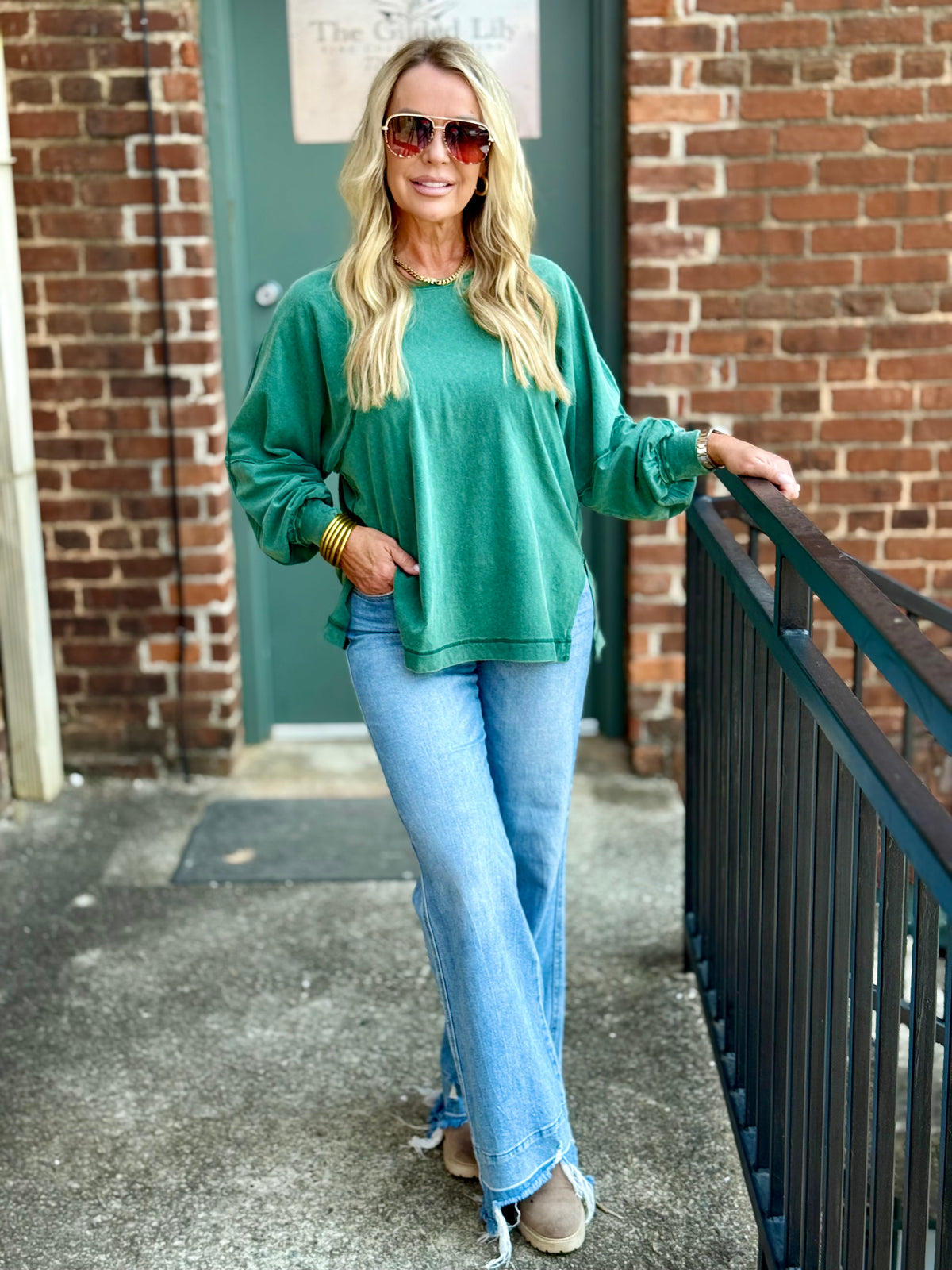 Raw Edge Side Slit Top | Green