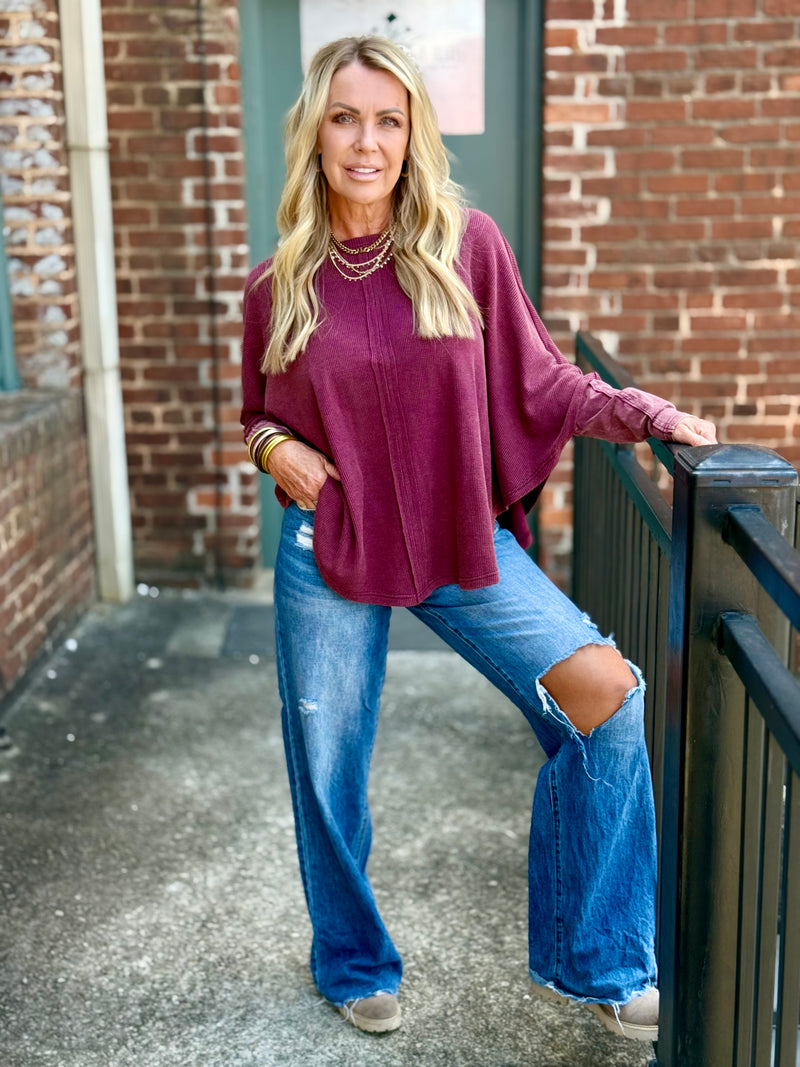 Washed Rounded Hem Pullover | Burgundy