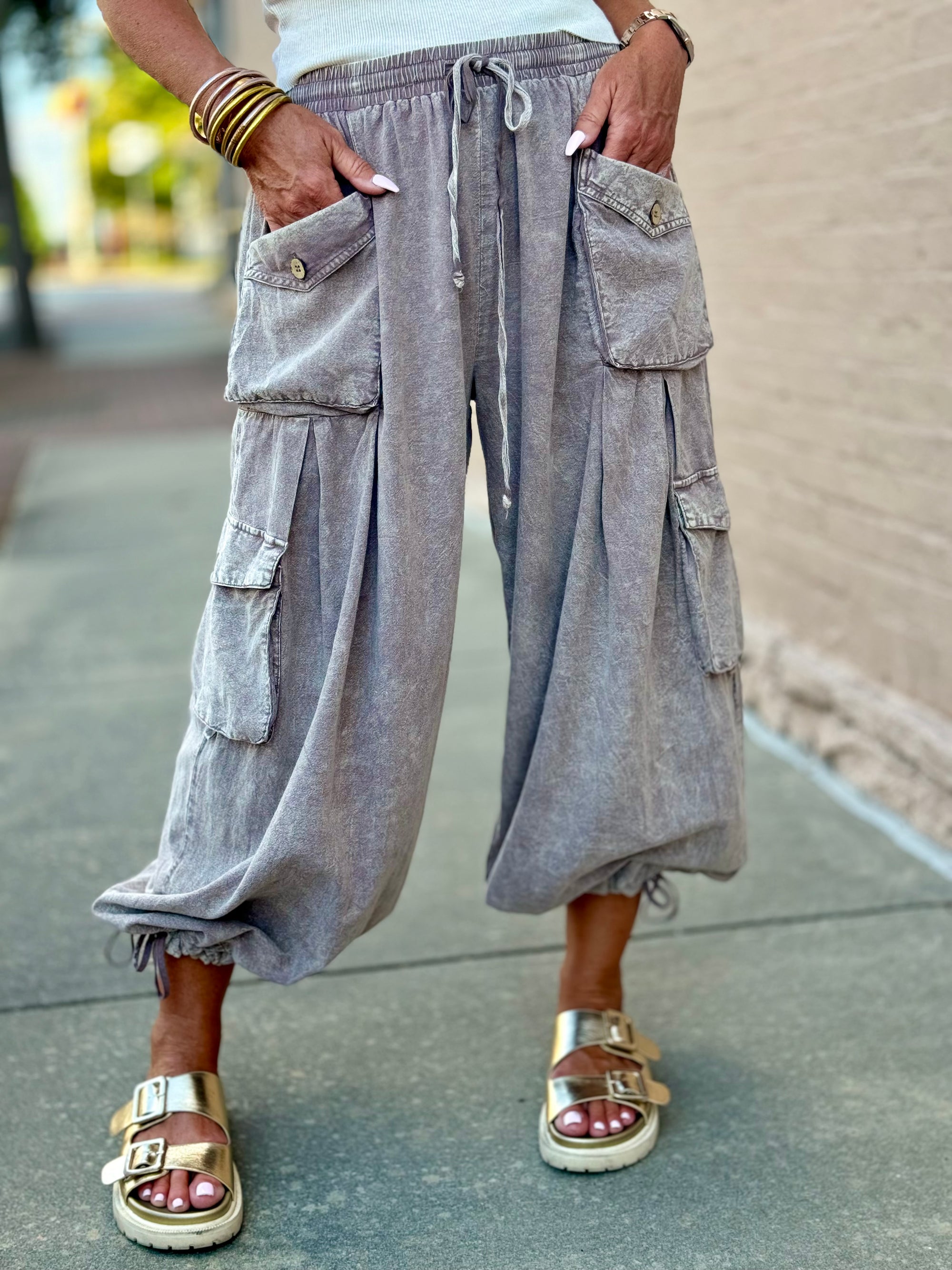 Washed Slouchy Cargo Pants in Latte